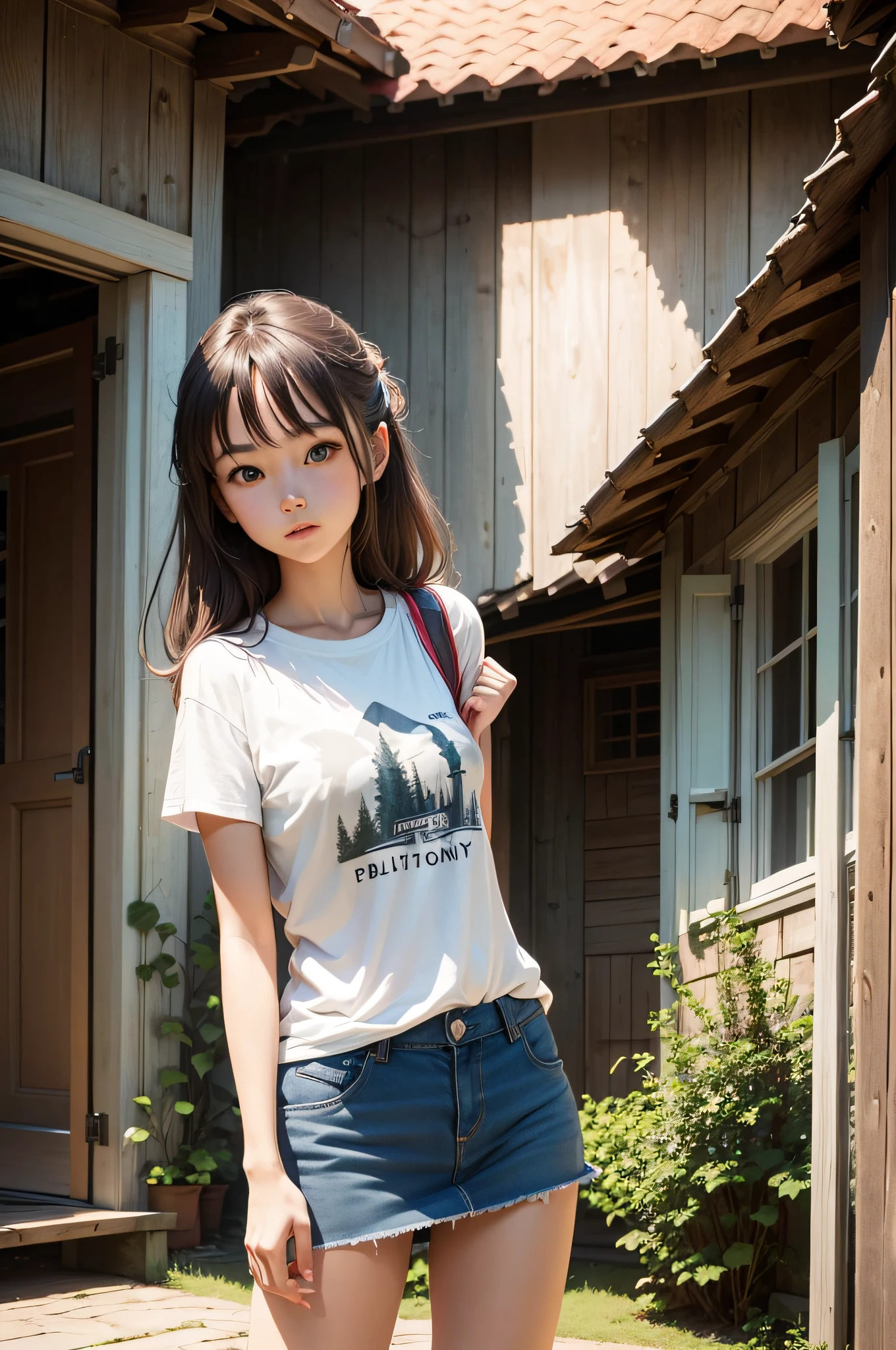 girl in t-shirt and panty country house nature
