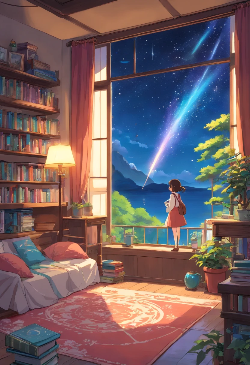 um quarto em estilo de antigamente, cheio de rendas para mulher, com muitos livros e uma lareira, uma janela gigante aberta para uma linda paisagem noturna, with a starry sky with a comet, e um lago refletindo