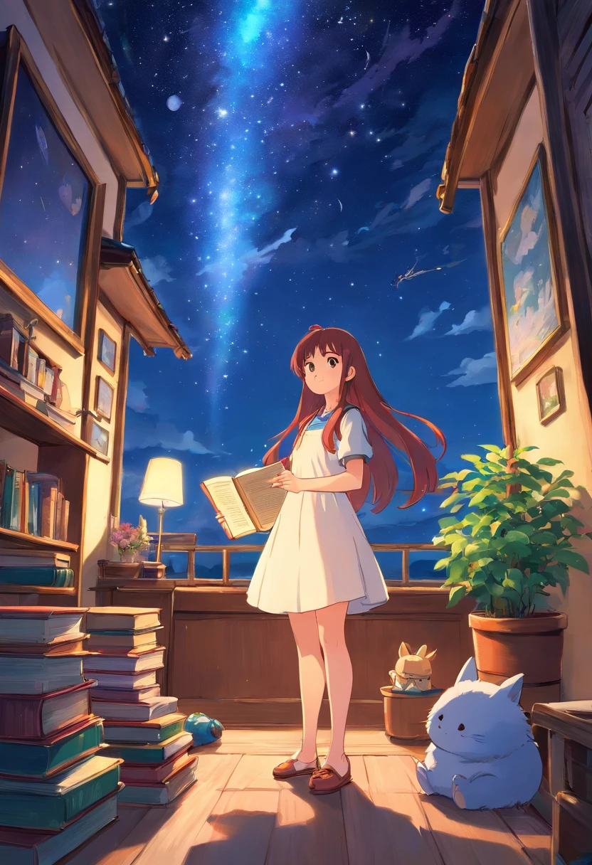 um quarto em estilo de antigamente, cheio de rendas para mulher, com muitos livros e uma lareira, uma janela gigante aberta para uma linda paisagem noturna, with a starry sky with a comet, e um lago refletindo