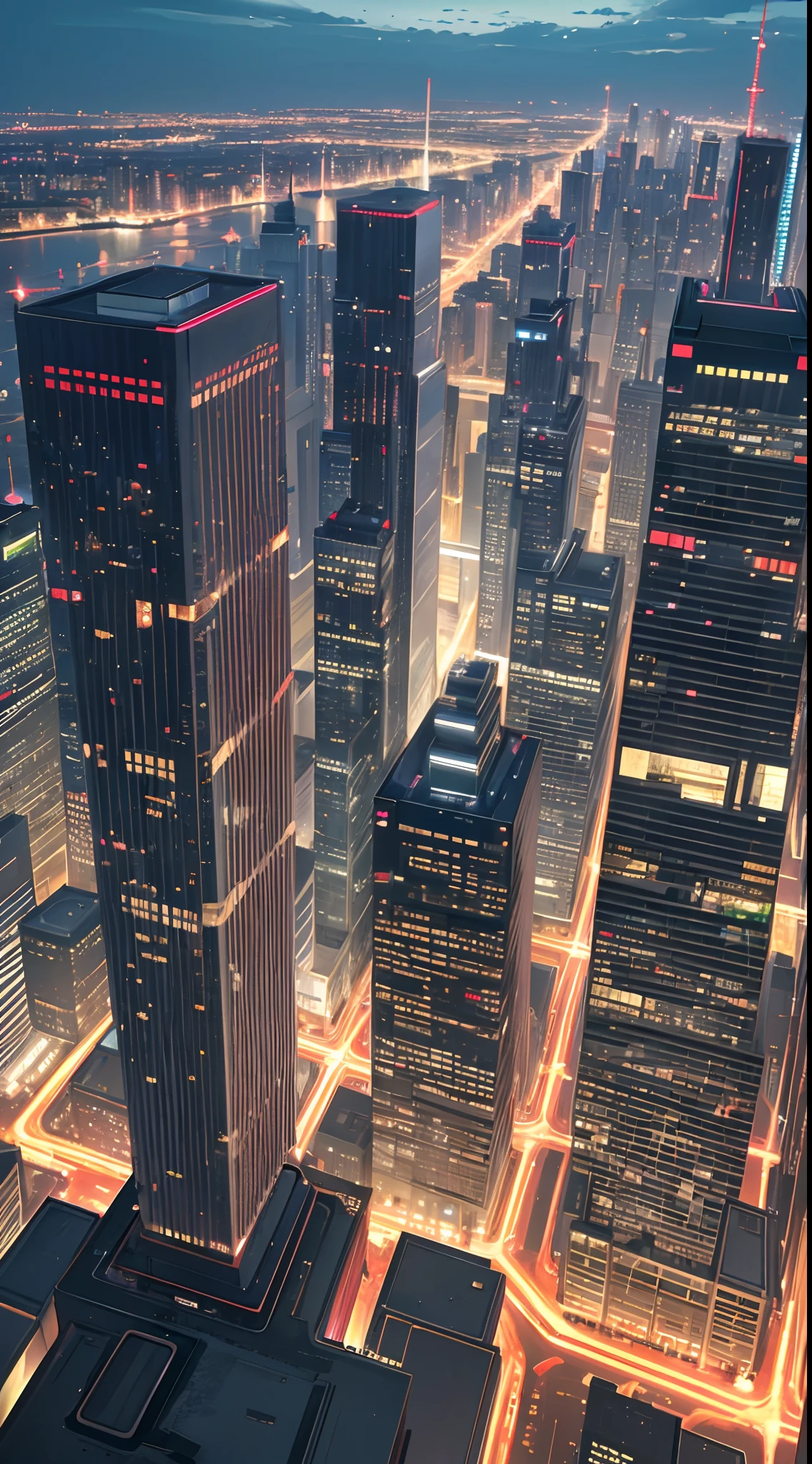 (best quality,4k,8k,highres,masterpiece:1.2),ultra-detailed,realistic,impressive skyscraper view,towering buildings,gleaming glass facades,sky-high perspective,thriving metropolis,evocative cityscape,colorful lights at night,mesmerizing architectural design,glistening reflections,expansive urban panorama,crystal-clear detail,urban jungle,imposing skyscrapers,grandiose city skyline,varied cityscape,striking height and scale,iconic city landmarks,lively city streets,bustling activity,impressive urban development,vibrant energy.