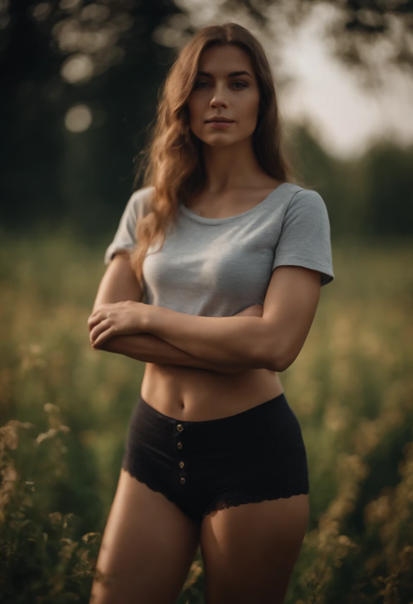 Girl in T-shirt and panties The nature of a country house
