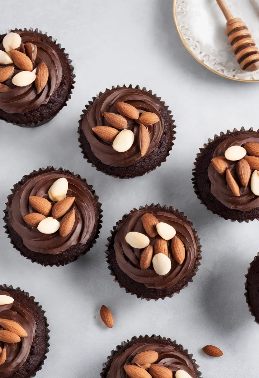 Chocolate cupcakes topped with almonds and honey