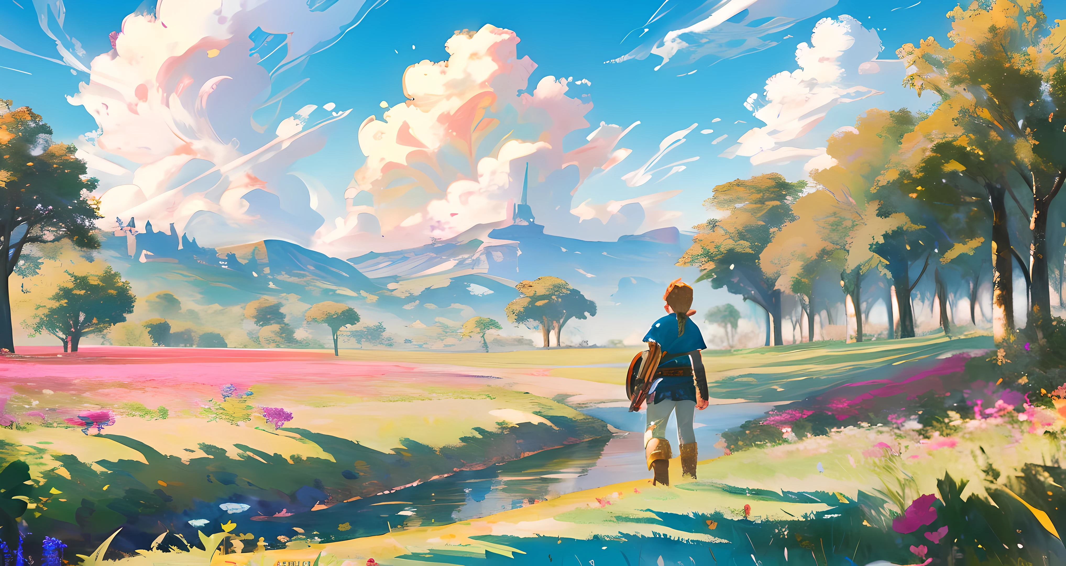 (Award Winning Digital Artwork:1.3) of (Ultra detailed:1.3) solo male, 1 guy, (bright blue eyes), (short blond hair, small ponytail with bangs and side locks 1.3), beautiful forest, handsome, straps, gorgeous,CGSociety,ArtStation, forest, fantasy, breath of the wild, botw, Hyrule kingdom, rolling hills, amazing background, beautiful fields, (wildlife) wide open fields, dancing grass, blue skies, lovely skies, big clouds, masterpiece, perfections, wallpaper, 8k, link, tloz, ((handsome elf man)) adventurer, on an adventure