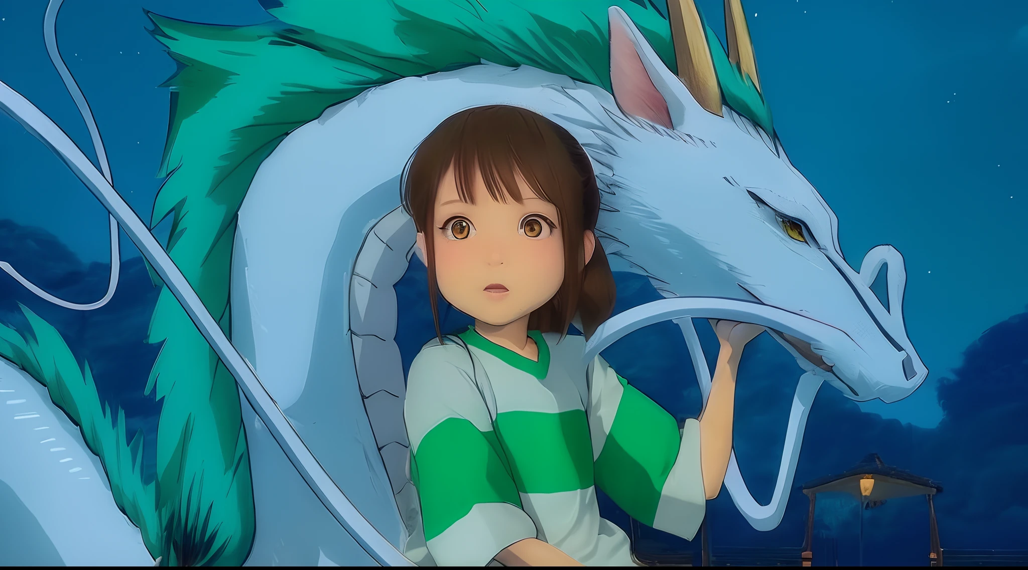 girlish, Brown hair with ponytail, Camiseta blanca con raya verde, White Dragon