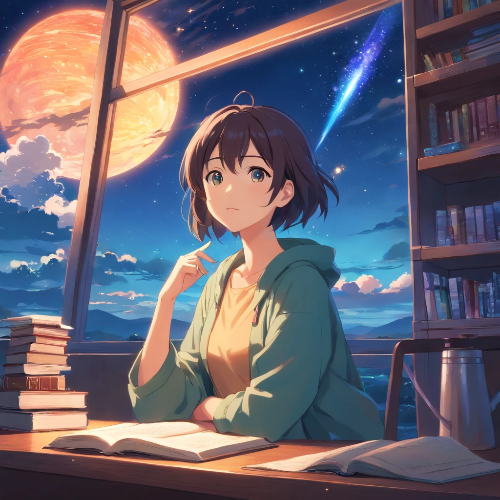 masterpiece, 1girl, solo, room full of scattered books, sitting at window, barefoot, reading book, night at window, distant city lights, starry sky, nebula, close side shot, 8k, detailed, best quality,