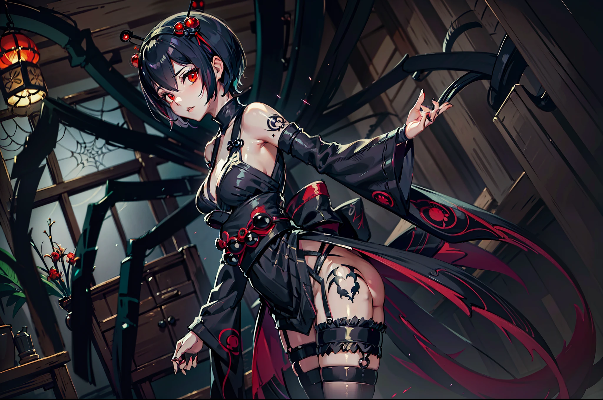 Beautiful girl fused with a spider. Girl in Japanese style maid costume. ((Female Solo. 1.1)) . hiquality. Dark fantasy style illustration. she has short hair. ratex. Shining eyes. Spider legs extending from behind her. tarantula. Embroidery with a spider web pattern. Spider web tattoo. monstergirl. Dark indoor. Wooden house.