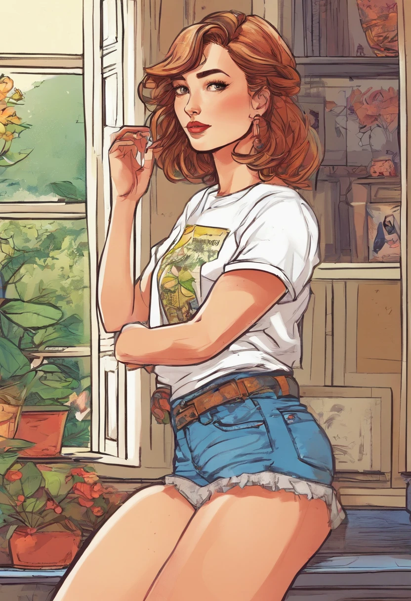 Girl in T-shirt and panties The nature of a country house