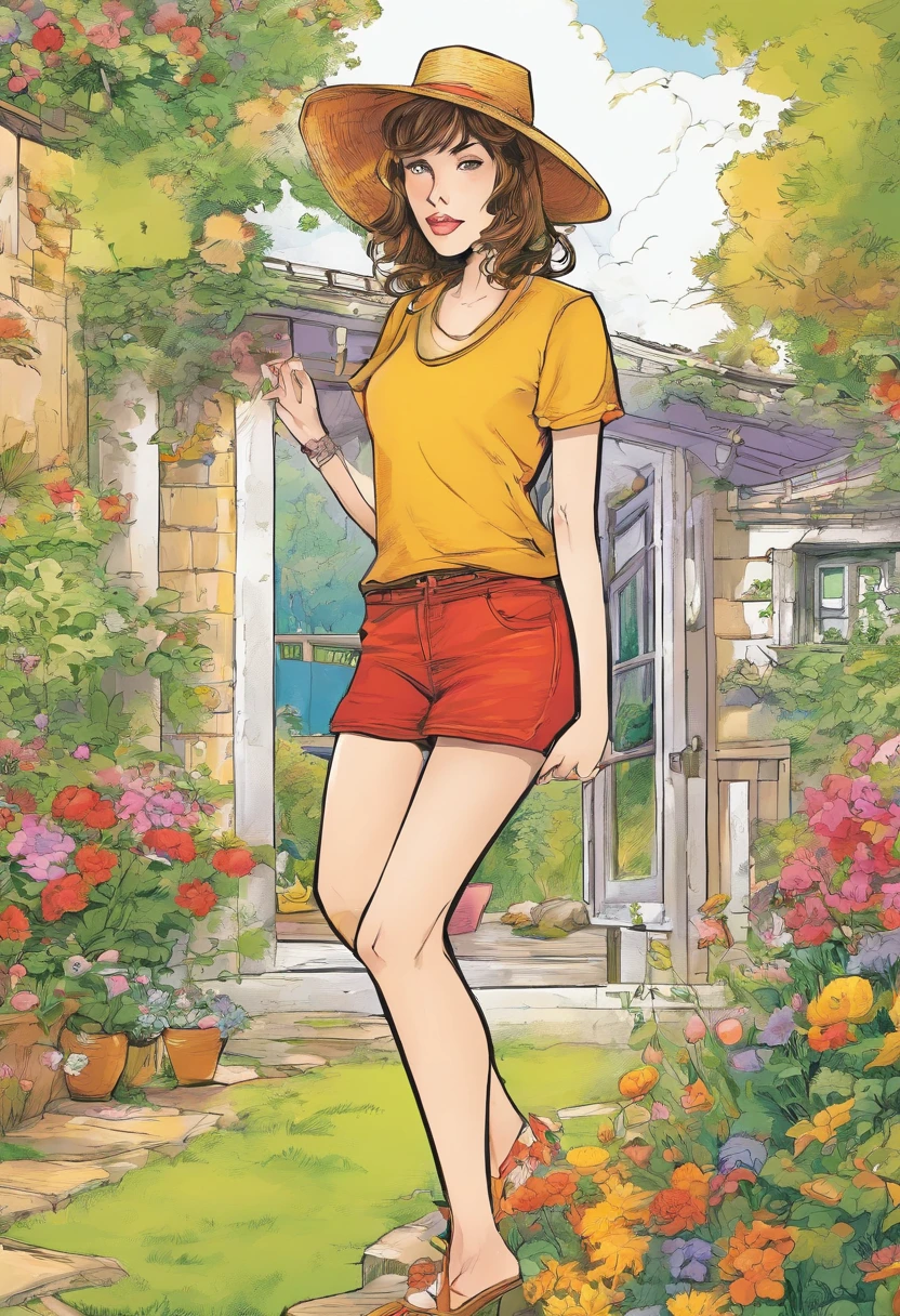 Girl in T-shirt and panties The nature of a country house