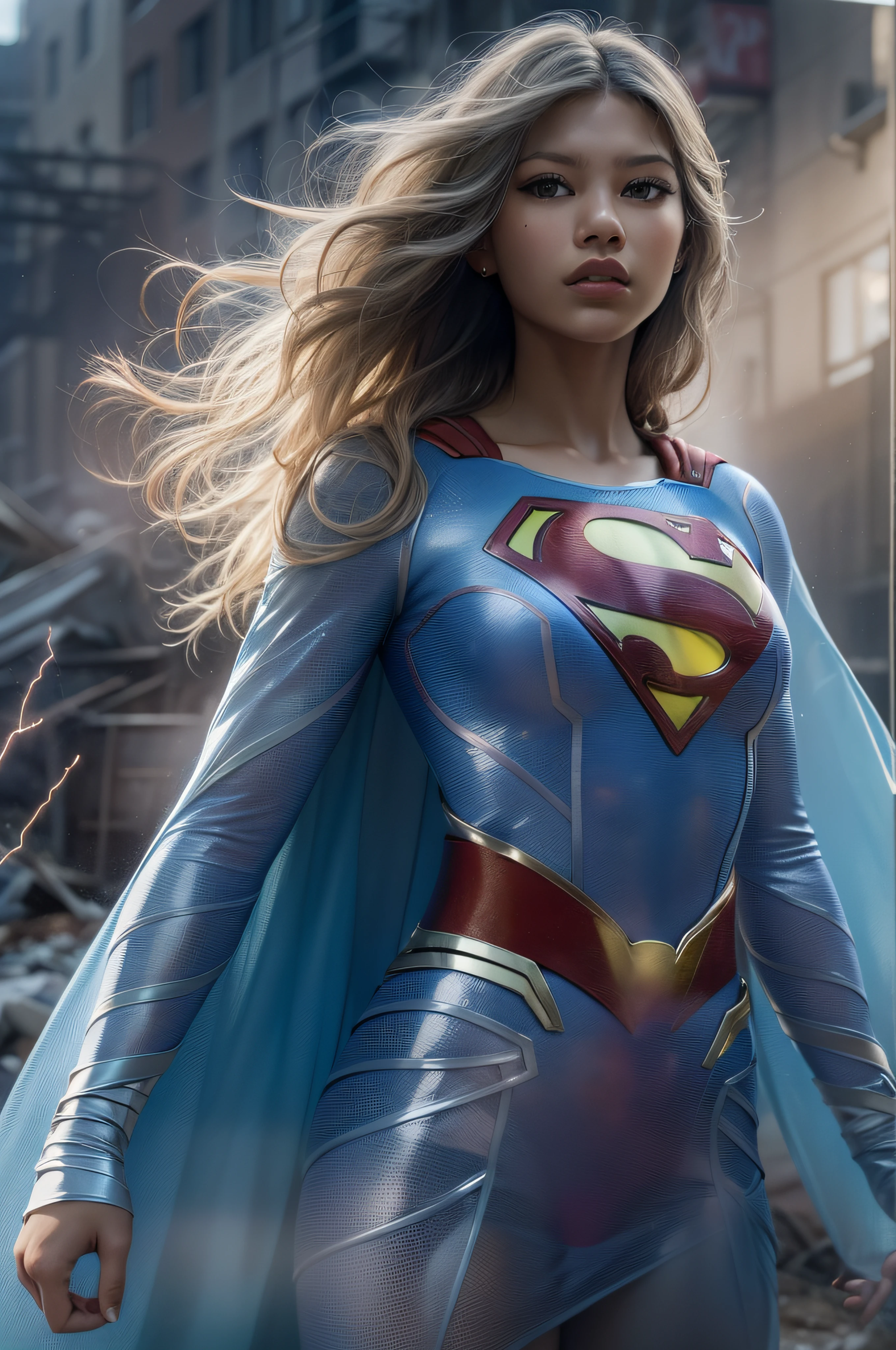 Zendaya in detailed (transparent 80%) ice blue (transparent 80% supergirl costume), large breasts, superhero pose, standing in a ruined city at sunset, hyperdetailed, smoke, sparks, sunbeams, (8k), realistic, symmetrical, award-winning, cinematic lightning, soaked, film, 75mm, scratches, full body shot, close-up, torn and dirty clothes, detailed face,