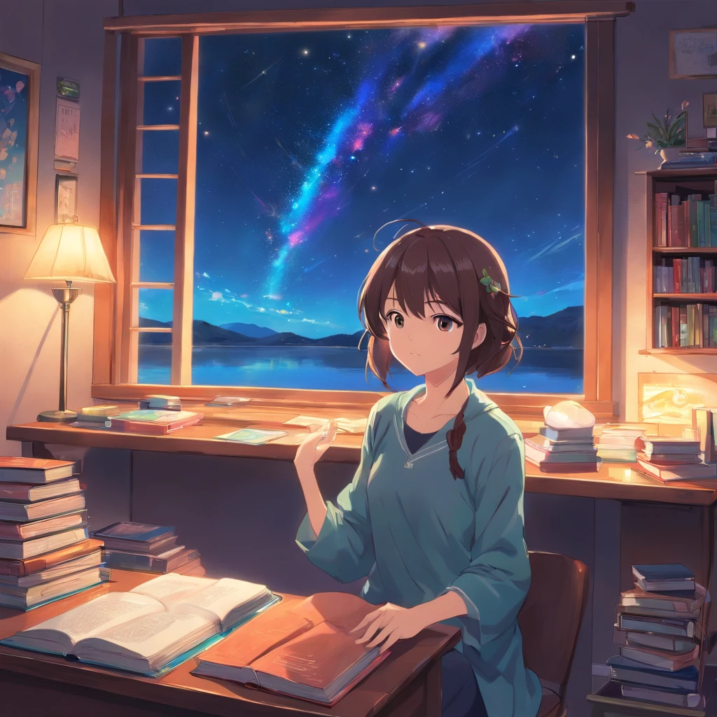 um quarto em estilo de antigamente, cheio de rendas para mulher, com muitos livros e uma lareira, uma janela gigante aberta para uma linda paisagem noturna, with a starry sky with a comet, e um lago refletindo