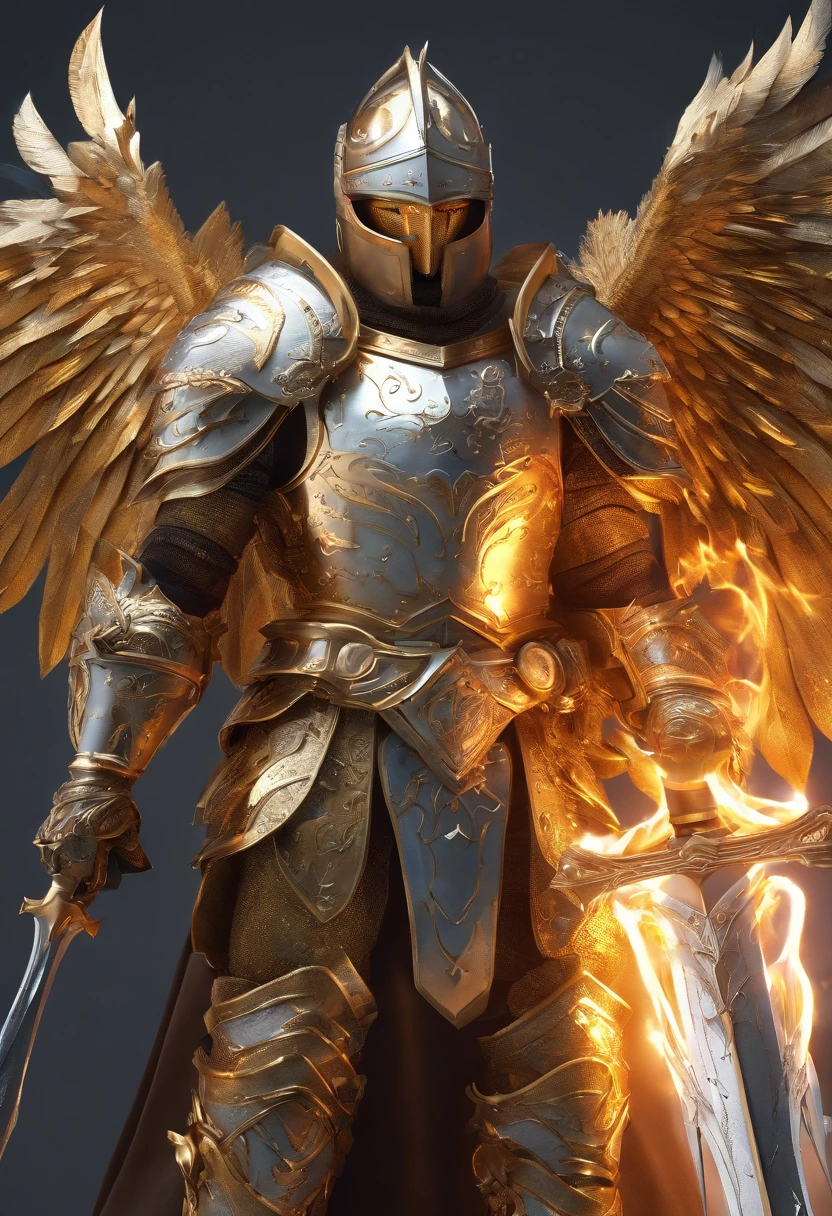 knight, eagle face, silver gold armor, muscle, magic castle background, sharp focus, flame wings, holding big sword