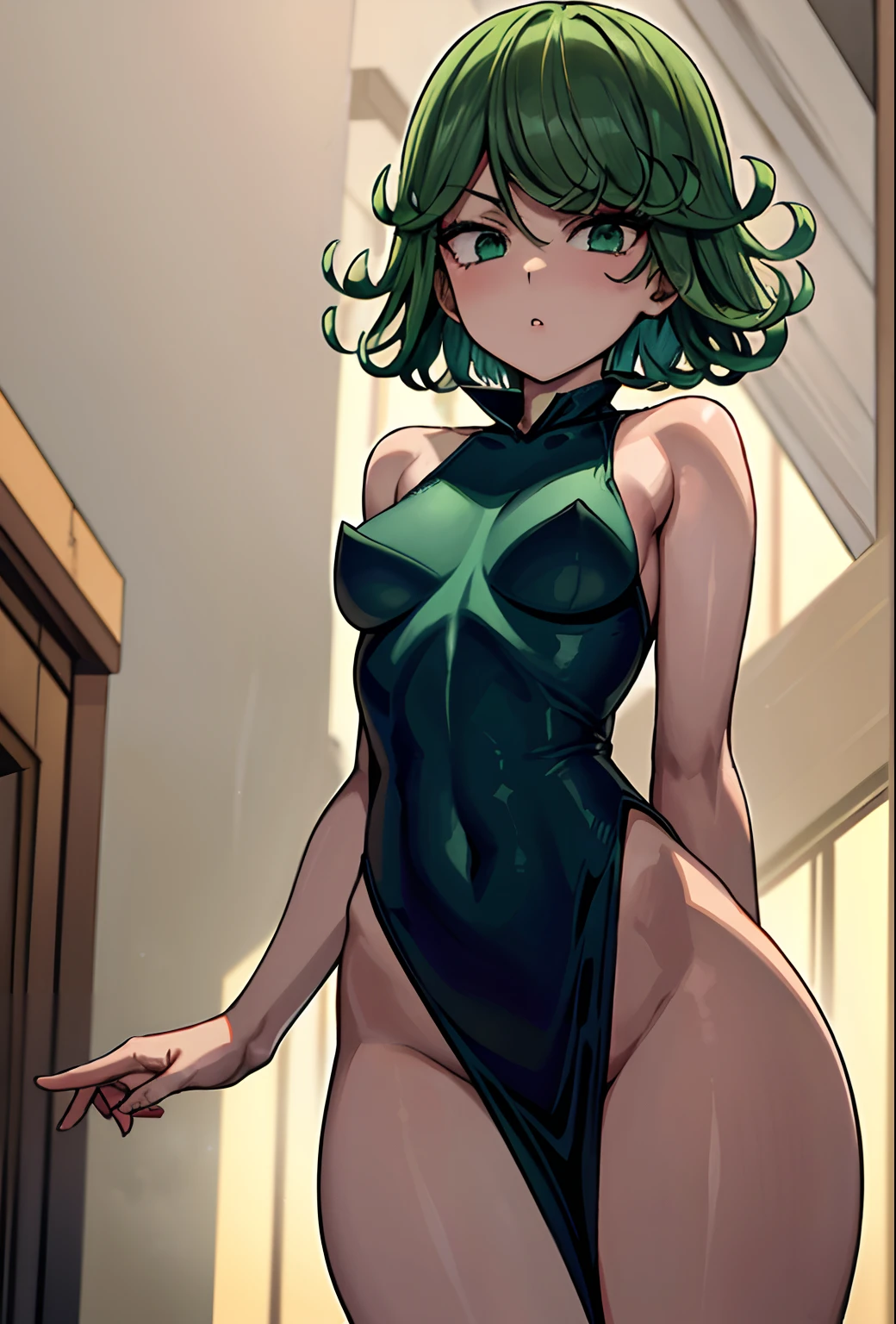 (beste-Qualit, 8K, 12), 1 girl, tatsumaki, Short Hair Hair, green hair, little chest, the perfect body, ultra detail face, detailed lips, Slender Eyes, gown, stands, enticing, Excited, convex areolas, steam, From Bottom , naked, nudes, (smal boobs), ((masturbating)), ((thick thighs)), spreading legs