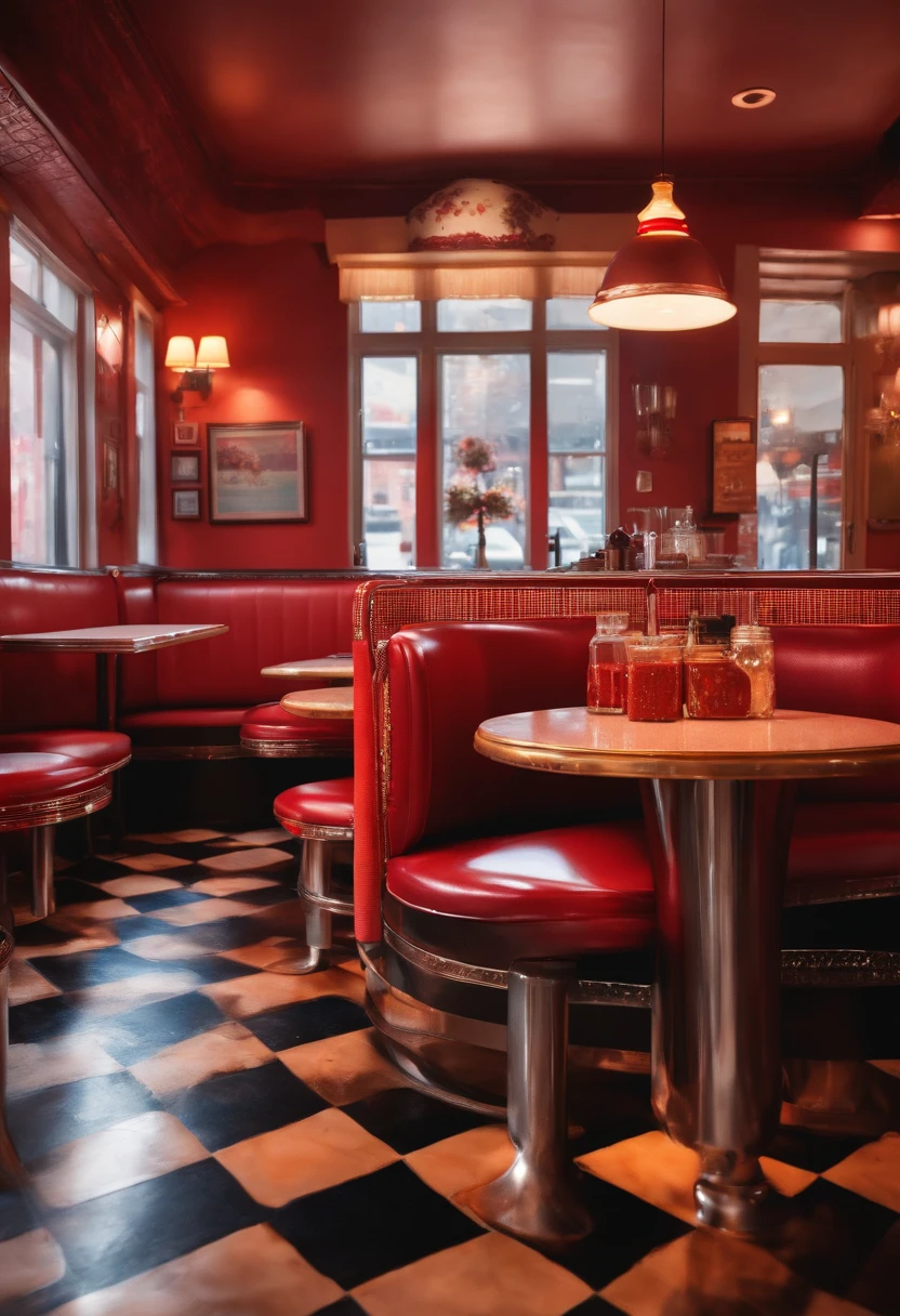 high quality,4k,8k,ultra-detailed,best quality,ultra-fine painting,photo-realistic:1.37,(realistic,physically-based rendering:1.1),(vivid colors:1.1),HDR,UHD,sharp focus,stunning,colorful lighting,crisp details,transparent creature with red blood in a diner,shiny surfaces,reflective materials,gleaming countertop,tiled floor,metallic chairs,transparent skin,beautiful detailed eyes,glistening lips,fluid movements,curious expression,intense shadows,flashing neon lights,retro vibe,1940s style,dark and mysterious atmosphere,old-fashioned jukebox with glowing buttons,juicy burgers,stacked fries,dripping ketchup,minimalist decor,checkered tablecloth,homemade pie,smoke rising from the kitchen,steaming coffee mug,listening to rock and roll music,energetic crowd,sizzling sound of cooking,smell of sizzling bacon,waitress serving food with a smile,customers enjoying their meals,patterned wallpaper,cracked mirror on the wall.
