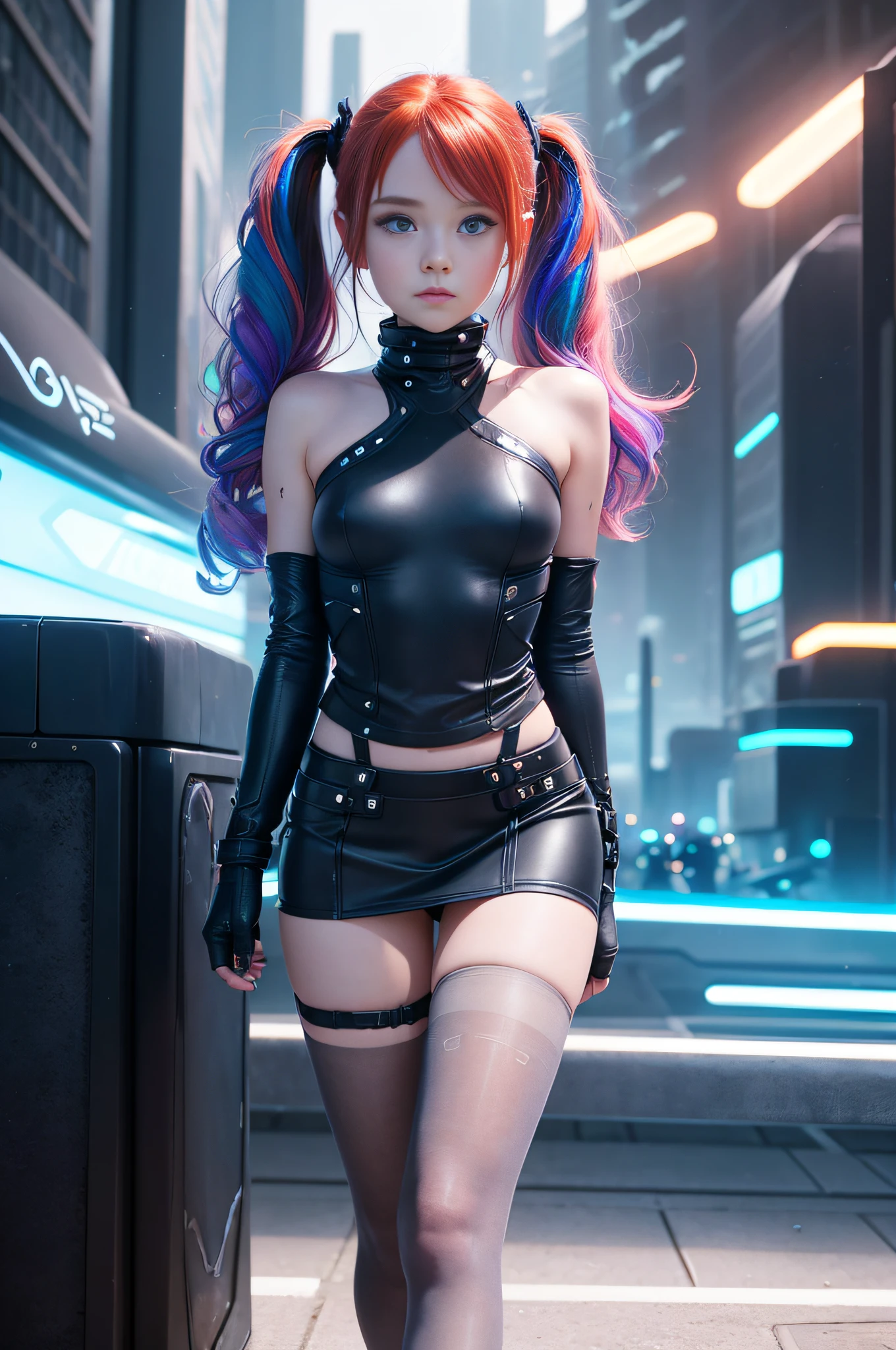 1 girl, solo, (nsfw), cute redhead 18-year-old girl in twin tails, ((perfect female body)), (cute face make up), multiple (rainbow colored hair: 1.2), (beautiful detailed blue eyes: 1.6), (photo realistic eyes: 1.6), happy, Ukrainian, (petite body), ((small hips)), pale white skin, (mini skirt and tube top), (matte pantyhose: 1.6), (("TRON LEGACY futuristic city" style background)), (night time:1.2), photo realistic.