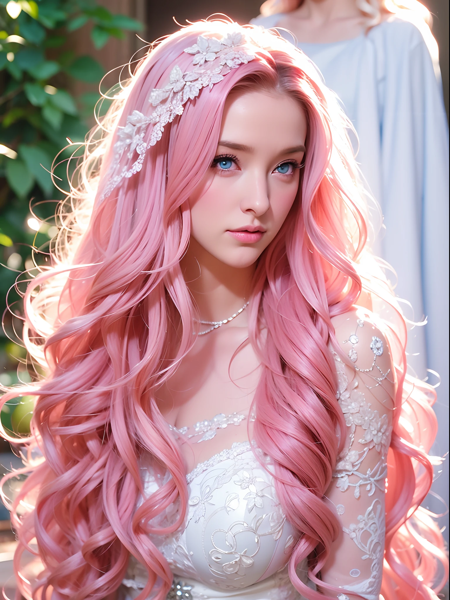 A woman, long curly hair, pink hair, blue eyes, elf, wedding, white dress, Bride