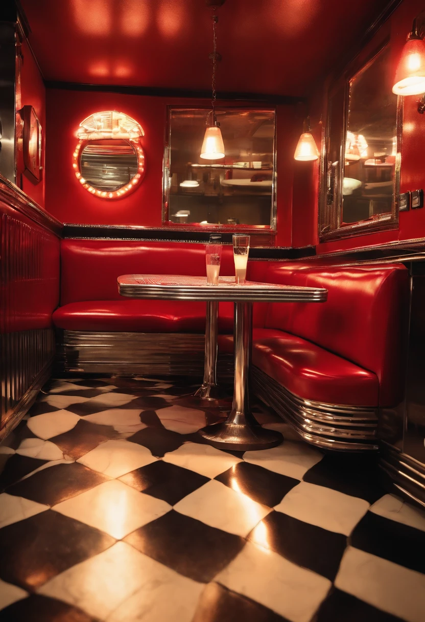 high quality,4k,8k,ultra-detailed,best quality,ultra-fine painting,photo-realistic:1.37,(realistic,physically-based rendering:1.1),(vivid colors:1.1),HDR,UHD,sharp focus,stunning,colorful lighting,crisp details,transparent creature with red blood in a diner,shiny surfaces,reflective materials,gleaming countertop,tiled floor,metallic chairs,transparent skin,beautiful detailed eyes,glistening lips,fluid movements,curious expression,intense shadows,flashing neon lights,retro vibe,1940s style,dark and mysterious atmosphere,old-fashioned jukebox with glowing buttons,juicy burgers,stacked fries,dripping ketchup,minimalist decor,checkered tablecloth,homemade pie,smoke rising from the kitchen,steaming coffee mug,listening to rock and roll music,energetic crowd,sizzling sound of cooking,smell of sizzling bacon,waitress serving food with a smile,customers enjoying their meals,patterned wallpaper,cracked mirror on the wall.