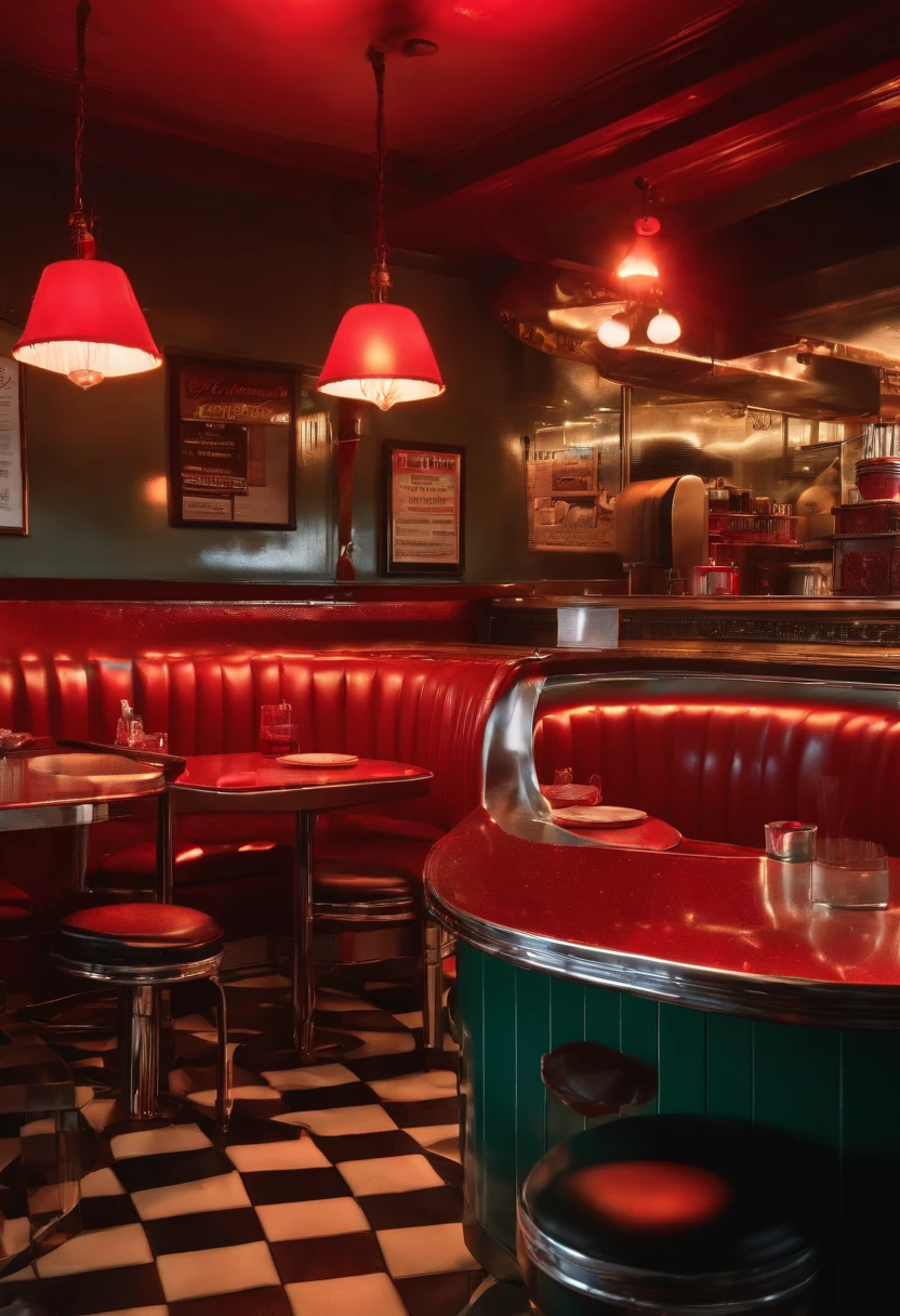 high quality,4k,8k,ultra-detailed,best quality,ultra-fine painting,photo-realistic:1.37,(realistic,physically-based rendering:1.1),(vivid colors:1.1),HDR,UHD,sharp focus,stunning,colorful lighting,crisp details,transparent creature with red blood in a diner,shiny surfaces,reflective materials,gleaming countertop,tiled floor,metallic chairs,transparent skin,beautiful detailed eyes,glistening lips,fluid movements,curious expression,intense shadows,flashing neon lights,retro vibe,1940s style,dark and mysterious atmosphere,old-fashioned jukebox with glowing buttons,juicy burgers,stacked fries,dripping ketchup,minimalist decor,checkered tablecloth,homemade pie,smoke rising from the kitchen,steaming coffee mug,listening to rock and roll music,energetic crowd,sizzling sound of cooking,smell of sizzling bacon,waitress serving food with a smile,customers enjoying their meals,patterned wallpaper,cracked mirror on the wall.