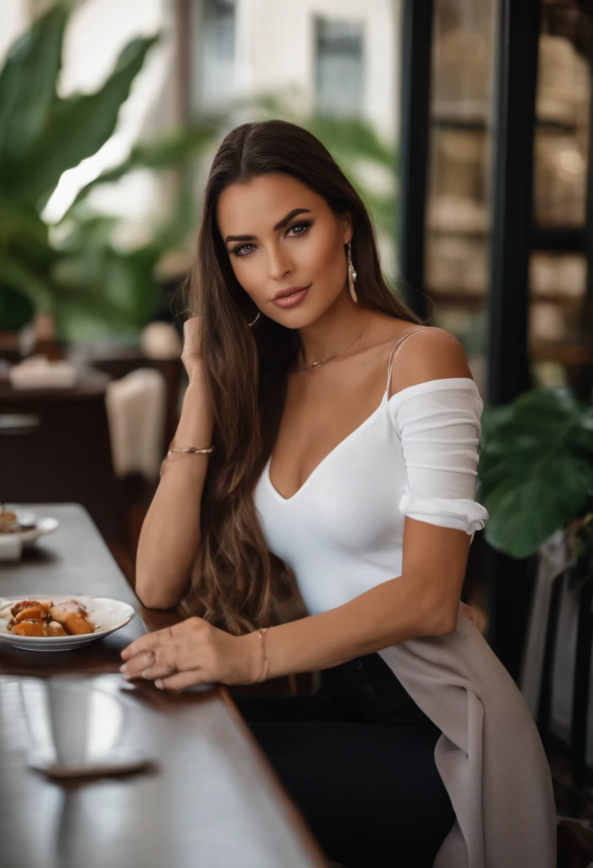 Femme Latina en T-shirt blanc et collier, Repas au restaurant, fille sexy aux yeux verts, Portrait Sophie Mudd, cheveux bruns et grands yeux, selfie of a young woman, Yeux de chambre, Violet Myers, pas de maquillage, maquillage naturel, looking straight at camera, Visage avec Artgram, maquillage fin, Superbe plan complet, piercing green eyes, Bel angle, pose attrayante, douce fille, sexy pose, Image pleine longueur, complet - corps, Prise de vue du corps entier, brunette goddess, High detail, Posture satisfaite, dans une jupe grise et des bottes, jupe upskipe, bottes de genou