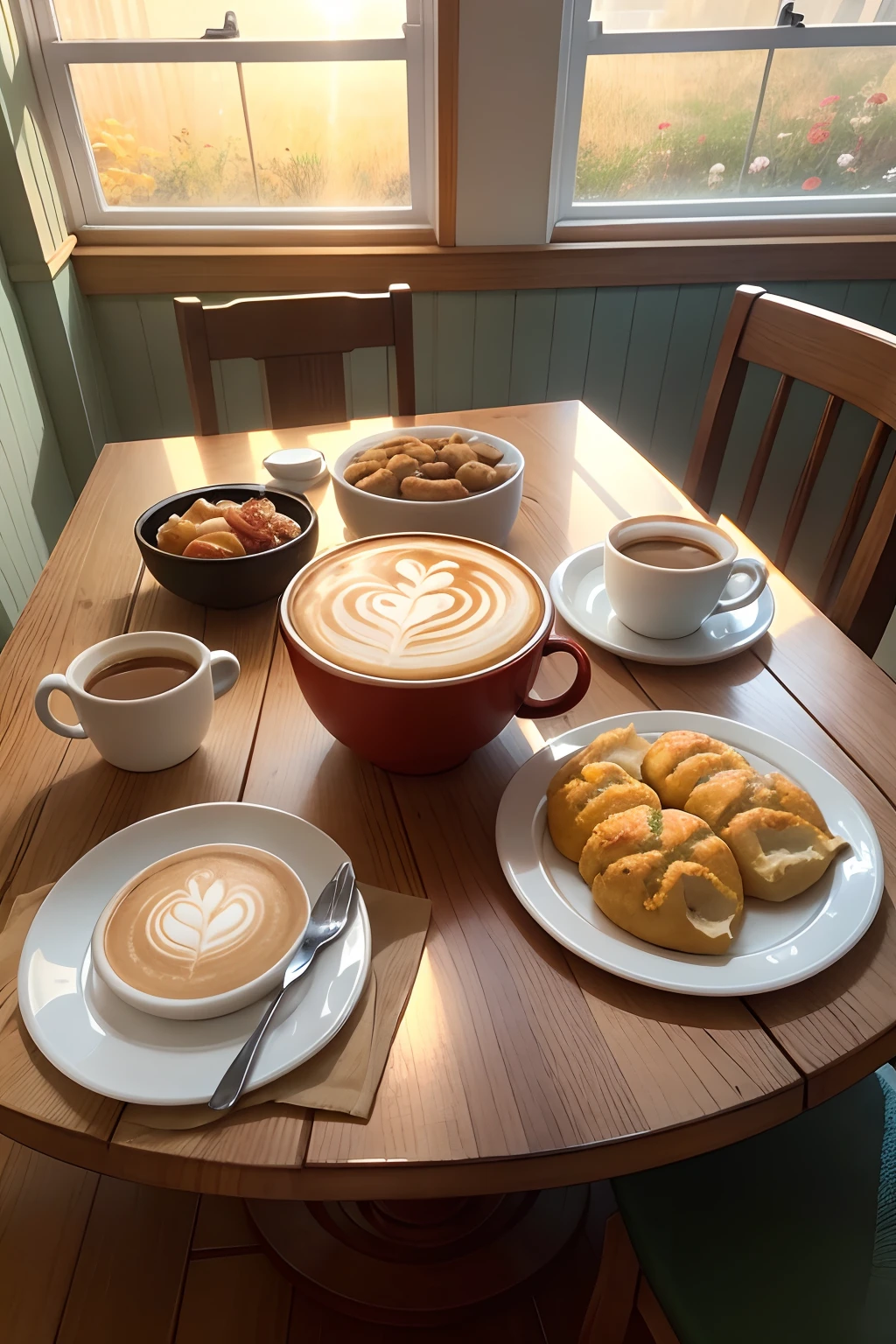 Early morning Wooden dining table In front of the window Sunlight on the dining table Latte Raw fried bun Delicious breakfast Warm colors Vertical version