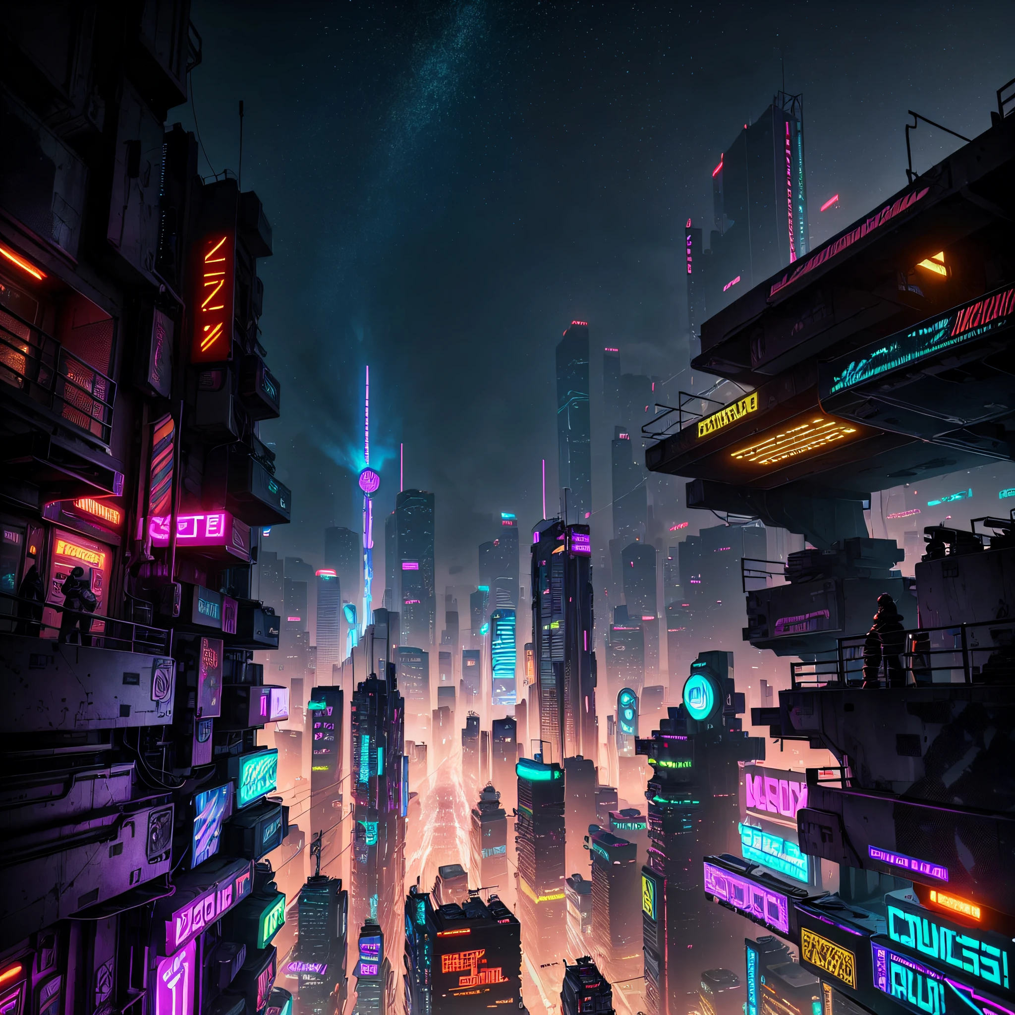 Step into a sprawling cyberpunk city, a vibrant metropolis that pulses with energy and life. Towering skyscrapers stretch towards the sky, their facades adorned with holographic advertisements and cascading neon lights. The streets below are a blur of activity as sleek, futuristic space cars zip past, leaving trails of light in their wake. The cityscape is a mix of gritty alleyways and sleek, high-tech districts, where crime syndicates and corporate giants battle for control. Neon signs flicker with vibrant colors, illuminating the dense crowds that fill the streets, each person cloaked in cybernetic enhancements and virtual reality visors. The air hums with a mix of electronic music and the low hum of hovercraft, creating a sensory overload that engulfs you in this thrilling cyberpunk world.
