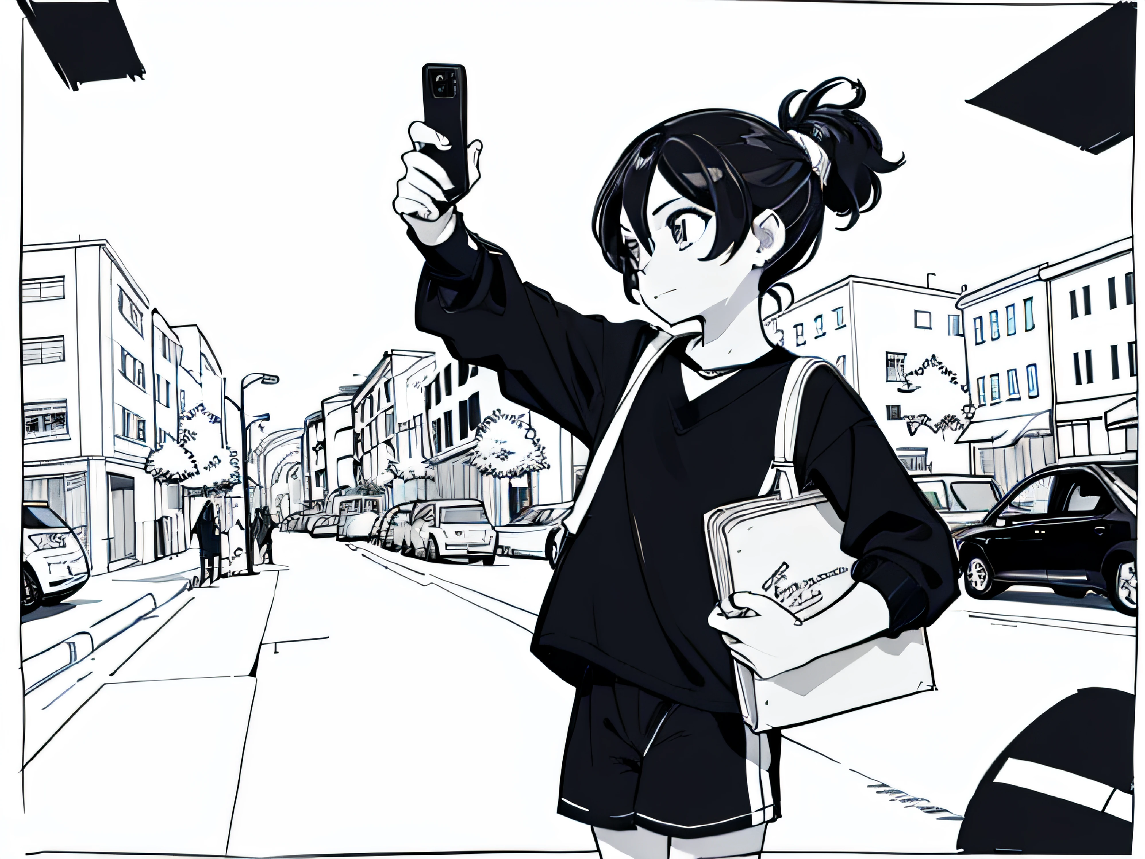 de 9 anos de pele negra, vestindo camisa preta e bermuda branca, com cabelo preto curto em um rabo de cavalo pequeno, is walking in a crowded neighborhood park. He's got a manga page in his hand, and the camera is positioned to the side, capturando-o de perfil enquanto ele olha para frente.