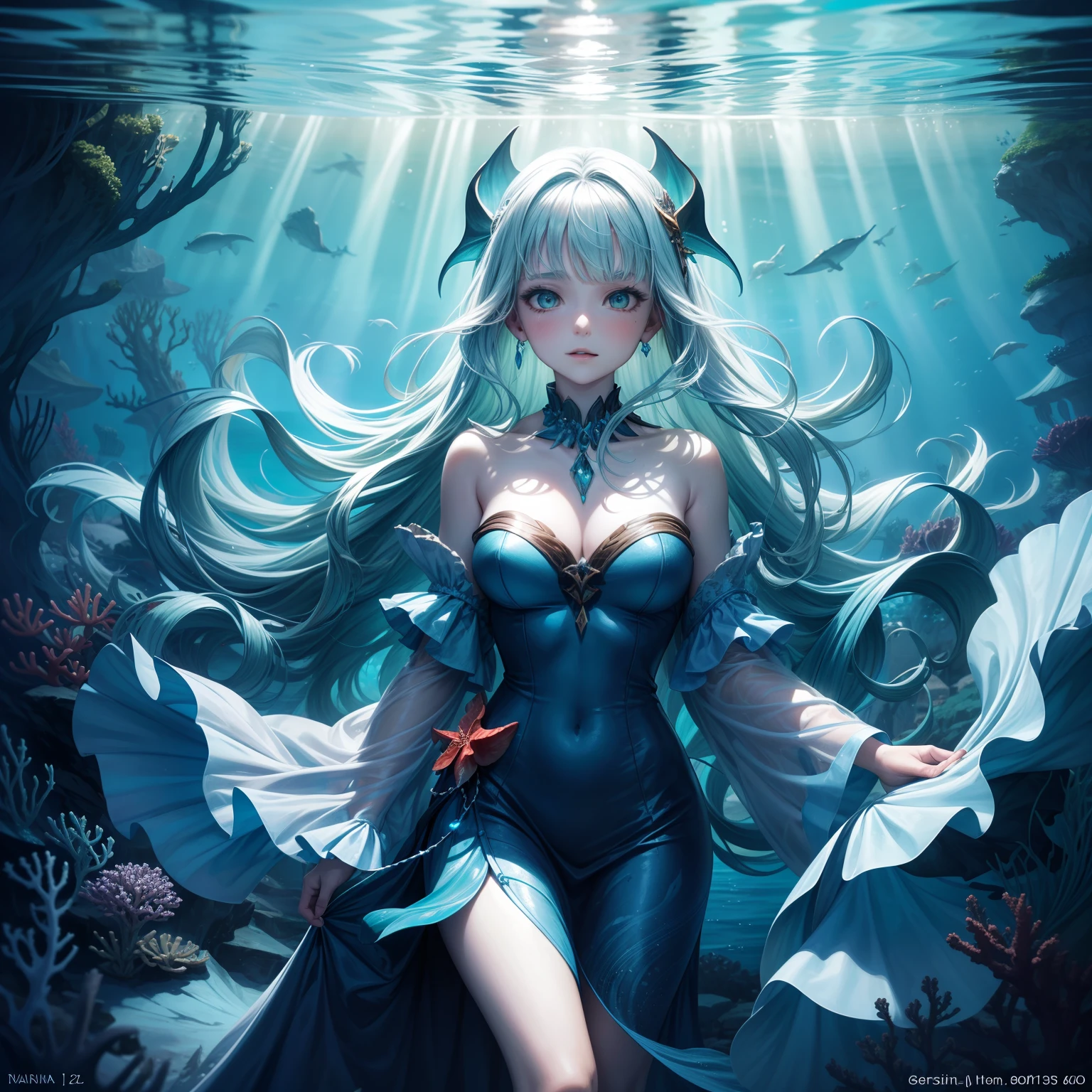 In the depths of the ocean, where the sun's rays barely reach, dwells the enigmatic sea witch. Her flowing, iridescent robes mimic the shimmering scales of sea creatures, adorned with intricate seashells and seaweed. Her long, flowing hair cascades like waves, with strands of pearls woven through. Her eyes, deep and mysterious, reflect the ever-changing hues of the sea.
[3] The scene is set in a hidden underwater grotto, where vibrant coral reefs create a kaleidoscope of colors. Sunlight filters through the water, casting an ethereal glow on the surroundings. The sea witch stands amidst a gathering of marine life, surrounded by graceful sea turtles, playful dolphins, and majestic manta rays. The sound of crashing waves and the gentle swaying of seaweed create a soothing symphony.
[4] The atmosphere is one of enchantment and tranquility. The salty scent of the sea mingles with the sweet perfume of tropical flowers, carried by the ocean breeze. Soft, melodic whispers echo through the grotto, as if the sea itself is speaking to the sea witch. The air is charged with a sense of ancient wisdom and untamed power, as the sea witch harnesses the forces of the ocean.
[5] Style: Underwater digital painting with a touch of fantasy
[6] The sea witch will be brought to life through a digital painting that captures the beauty and mystery of the underwater realm. The use of vibrant colors and intricate details will depict the sea witch's flowing robes and the delicate features of her face. The underwater scene will be filled with lush coral reefs, graceful sea creatures, and shimmering sunlight filtering through the water. The final artwork will transport viewers to a world of enchantment and evoke a sense of awe and wonder.