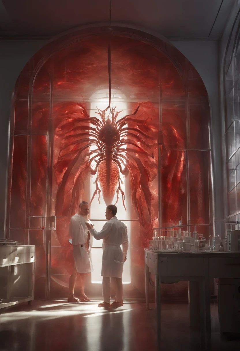transparent creature with red blood, being observed in a laboratory by scientists,illustration,ultra-detailed,highres,realistic, portraits, vivid colors,studio lighting,sharp focus,physically-based rendering,creature anatomy,scientific research, microscopes, blood samples, laboratory equipment, intense gaze from scientists, scientific fascination, artistic portrayal, scientific exploration, contrasting colors, soft light, gloomy atmosphere, intricate details, detailed textures