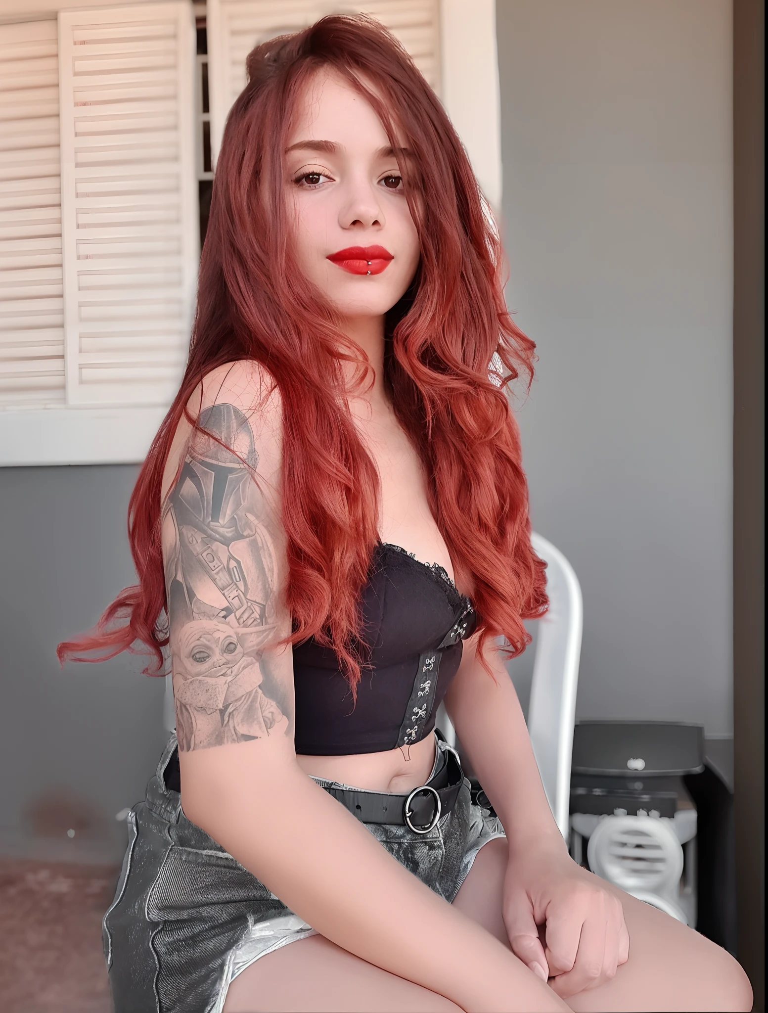 1 tattooed white tomboy european girl wearing stockings with piercings, medium Butterfly Cut hair, red hair, messy hair, big eyelashes, radiant smile, full body photo, perfect green eyes, 8k photo, tattoos, slim body, realistic,, arm full of tattoos, oiled up body, high details, soap foam, cute face, girl, slander, best quality, photorealistic, topless, perfect eyes, tomboy skinny, freckles, fringes, bath, tomboy, distant focus, no chest, red lipsticks, red lips. sneakers, red beret, leaning against the wall, tattoos of a butterfly on the chest, medium breasts, body piercing, back shot, lay down, look back, smiling, naked