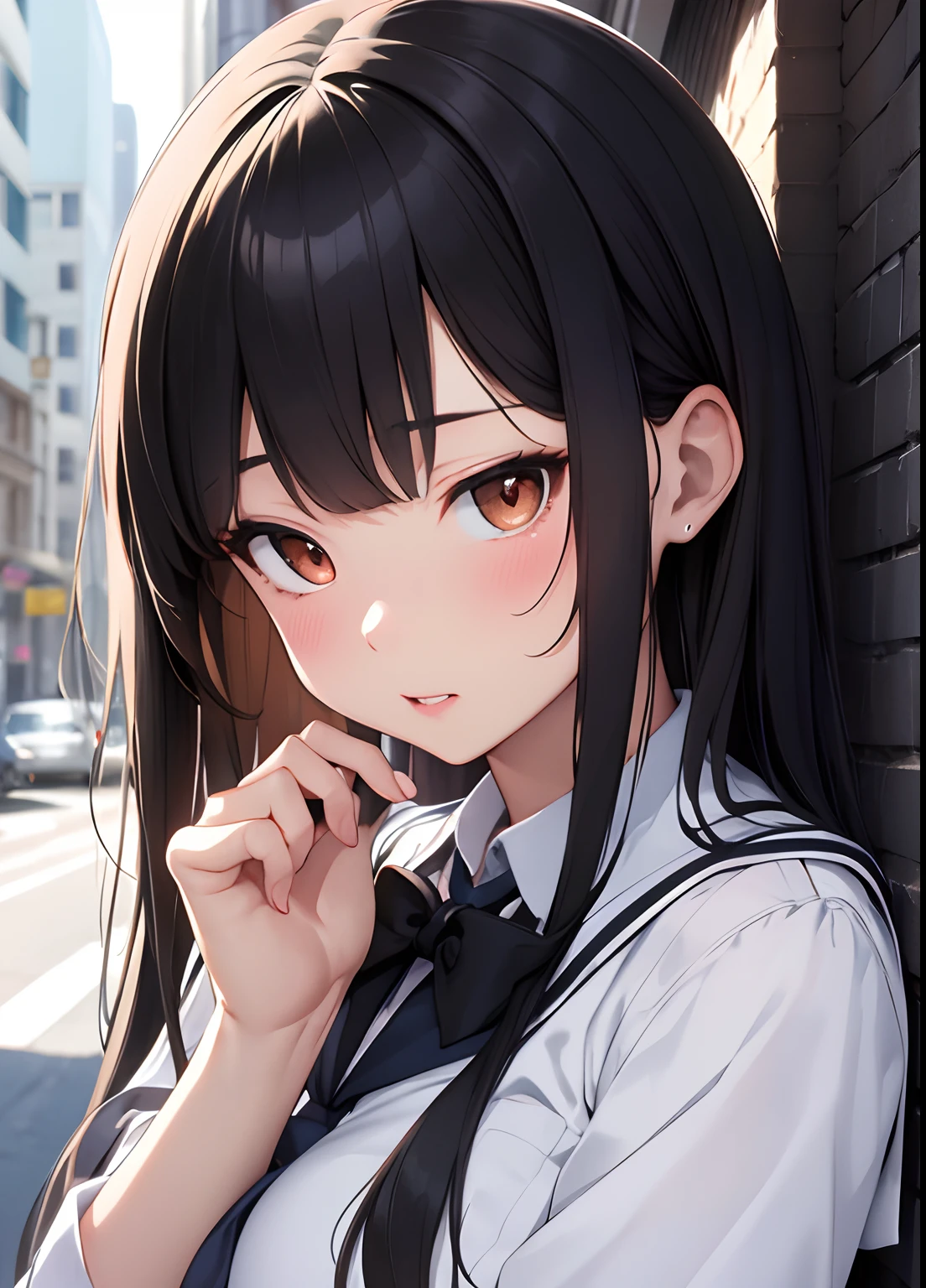 nsfw, illustration, masterpiece, best quality, ultra-detailed, medium hair, straight hair, black hair, younger, school uniform, brown eyes, city,