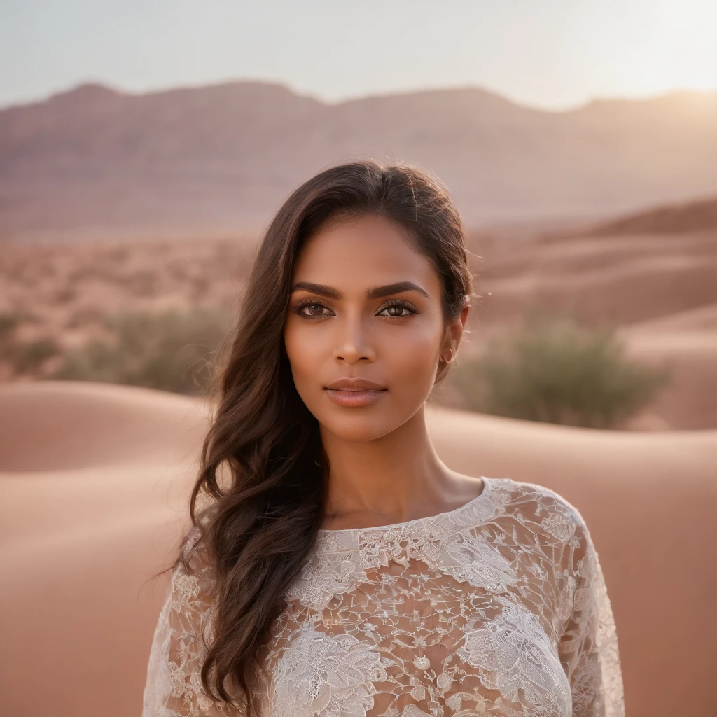 Um retrato impressionante de uma mulher negra com olhos de mel, pele macia, roupas estilosas, Arabic clothes in the style of colorful geometries, no deserto, chorando, de corpo inteiro, mostrando as pernas, Egyptian Desert, iluminado por um Nikon Z3 bruto hiperrealista e helios 44 2 f2 58 mm bokeh redemoinho, Film, Fujifilm, with an anamorphic milky bokeh radiating from all over his body.