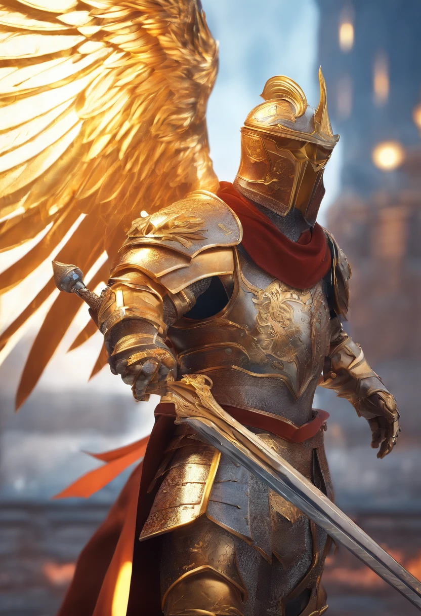 knight, eagle face, silver gold armor, muscle, magic castle background, sharp focus, flame wings, holding big sword