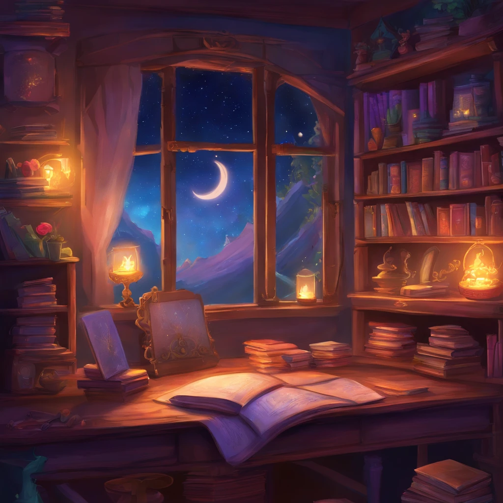 A cute gamer room with lots of decoration, pictures and books and an open window for a night view in a starry sky with no character in the room