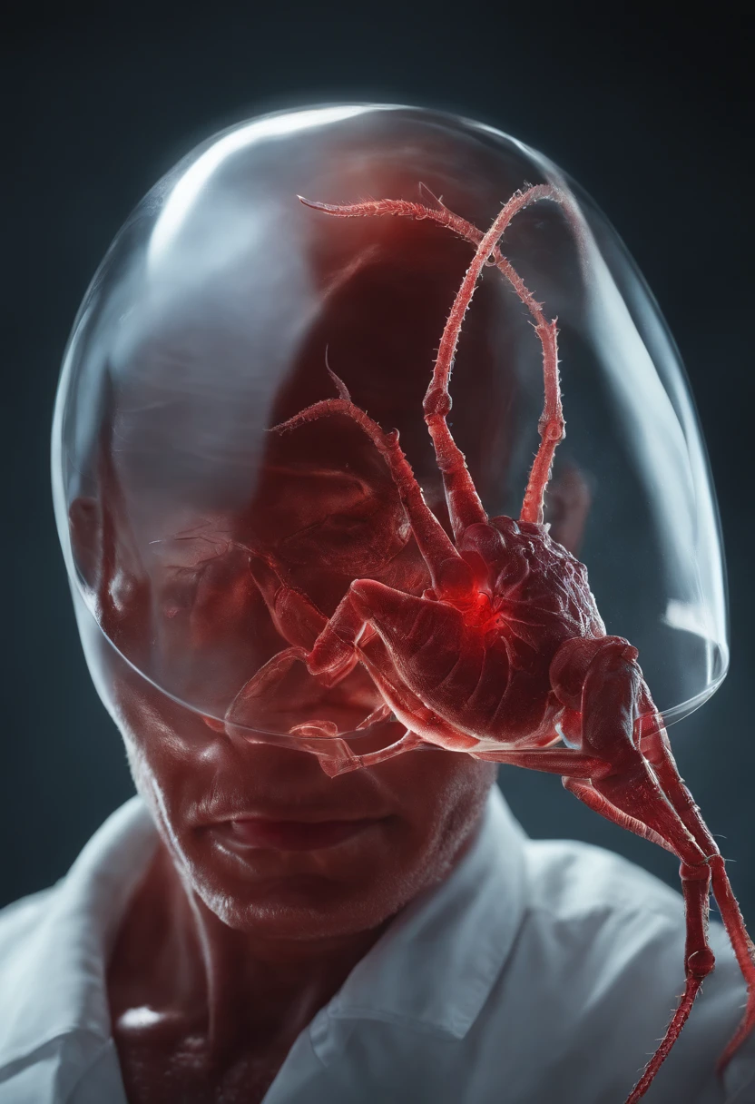 transparent creature with red blood, being observed in a laboratory by scientists,illustration,ultra-detailed,highres,realistic, portraits, vivid colors,studio lighting,sharp focus,physically-based rendering,creature anatomy,scientific research, microscopes, blood samples, laboratory equipment, intense gaze from scientists, scientific fascination, artistic portrayal, scientific exploration, contrasting colors, soft light, gloomy atmosphere, intricate details, detailed textures