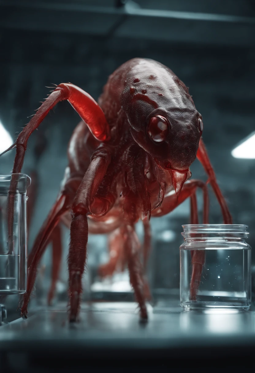 transparent creature with red blood, being observed in a laboratory by scientists,illustration,ultra-detailed,highres,realistic, portraits, vivid colors,studio lighting,sharp focus,physically-based rendering,creature anatomy,scientific research, microscopes, blood samples, laboratory equipment, intense gaze from scientists, scientific fascination, artistic portrayal, scientific exploration, contrasting colors, soft light, gloomy atmosphere, intricate details, detailed textures