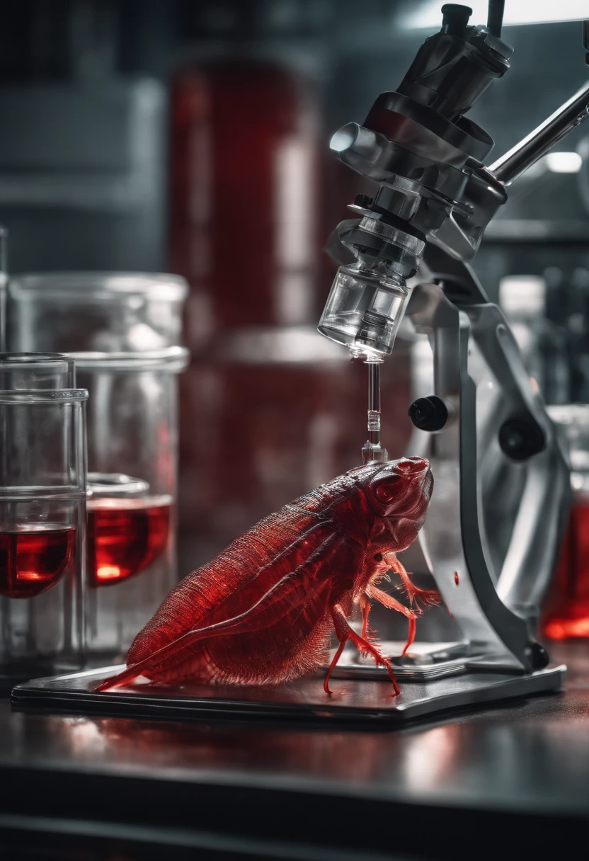 transparent creature with red blood, being observed in a laboratory by scientists,illustration,ultra-detailed,highres,realistic, portraits, vivid colors,studio lighting,sharp focus,physically-based rendering,creature anatomy,scientific research, microscopes, blood samples, laboratory equipment, intense gaze from scientists, scientific fascination, artistic portrayal, scientific exploration, contrasting colors, soft light, gloomy atmosphere, intricate details, detailed textures