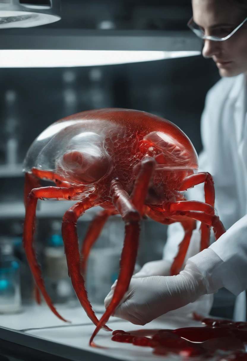 transparent creature with red blood, being observed in a laboratory by scientists,illustration,ultra-detailed,highres,realistic, portraits, vivid colors,studio lighting,sharp focus,physically-based rendering,creature anatomy,scientific research, microscopes, blood samples, laboratory equipment, intense gaze from scientists, scientific fascination, artistic portrayal, scientific exploration, contrasting colors, soft light, gloomy atmosphere, intricate details, detailed textures