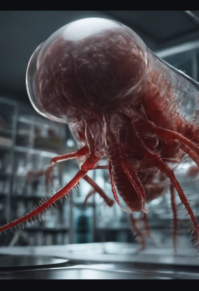transparent creature with red blood, being observed in a laboratory by scientists,illustration,ultra-detailed,highres,realistic, portraits, vivid colors,studio lighting,sharp focus,physically-based rendering,creature anatomy,scientific research, microscopes, blood samples, laboratory equipment, intense gaze from scientists, scientific fascination, artistic portrayal, scientific exploration, contrasting colors, soft light, gloomy atmosphere, intricate details, detailed textures