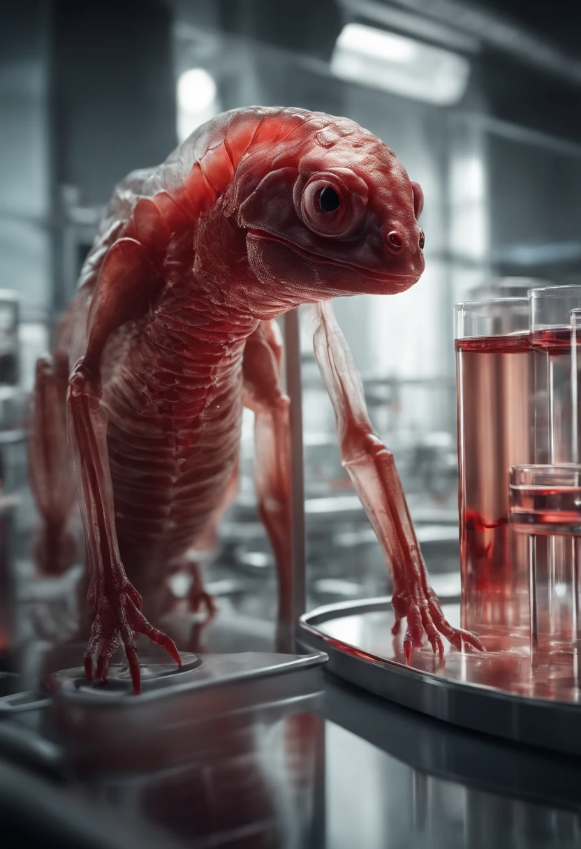 transparent creature with red blood, being observed in a laboratory by scientists,illustration,ultra-detailed,highres,realistic, portraits, vivid colors,studio lighting,sharp focus,physically-based rendering,creature anatomy,scientific research, microscopes, blood samples, laboratory equipment, intense gaze from scientists, scientific fascination, artistic portrayal, scientific exploration, contrasting colors, soft light, gloomy atmosphere, intricate details, detailed textures