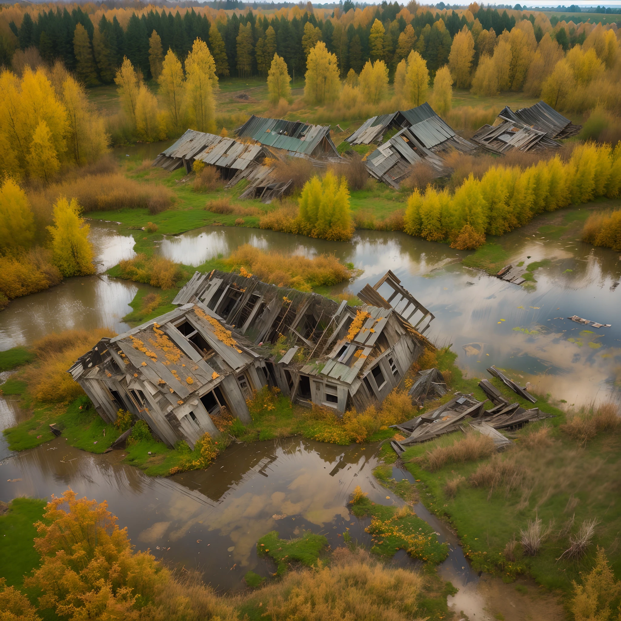 Golden Autumn, village, Abandoned village, Collapsed building, Wetlands, cloudy depressive sky