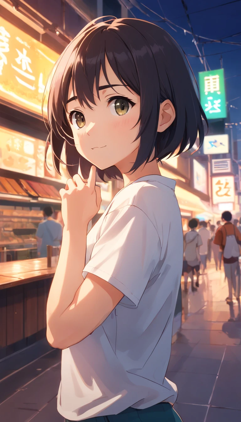 (8k, RAW Photo, Best Quality, Masterpiece:1.3),(Real,Photo:1.37),(Black Hair),Pose,1girl,Very Beautiful Face,Cute,(Small),(Put Your Hands Down))),Poggy Hairstyle,Random Expression,(White T-shirt),JK_style,(Track Shorts) ,Black Hair,(Age 19),Modest,Five Fingers,Normal Hands,Small Mouth,Straight Hair