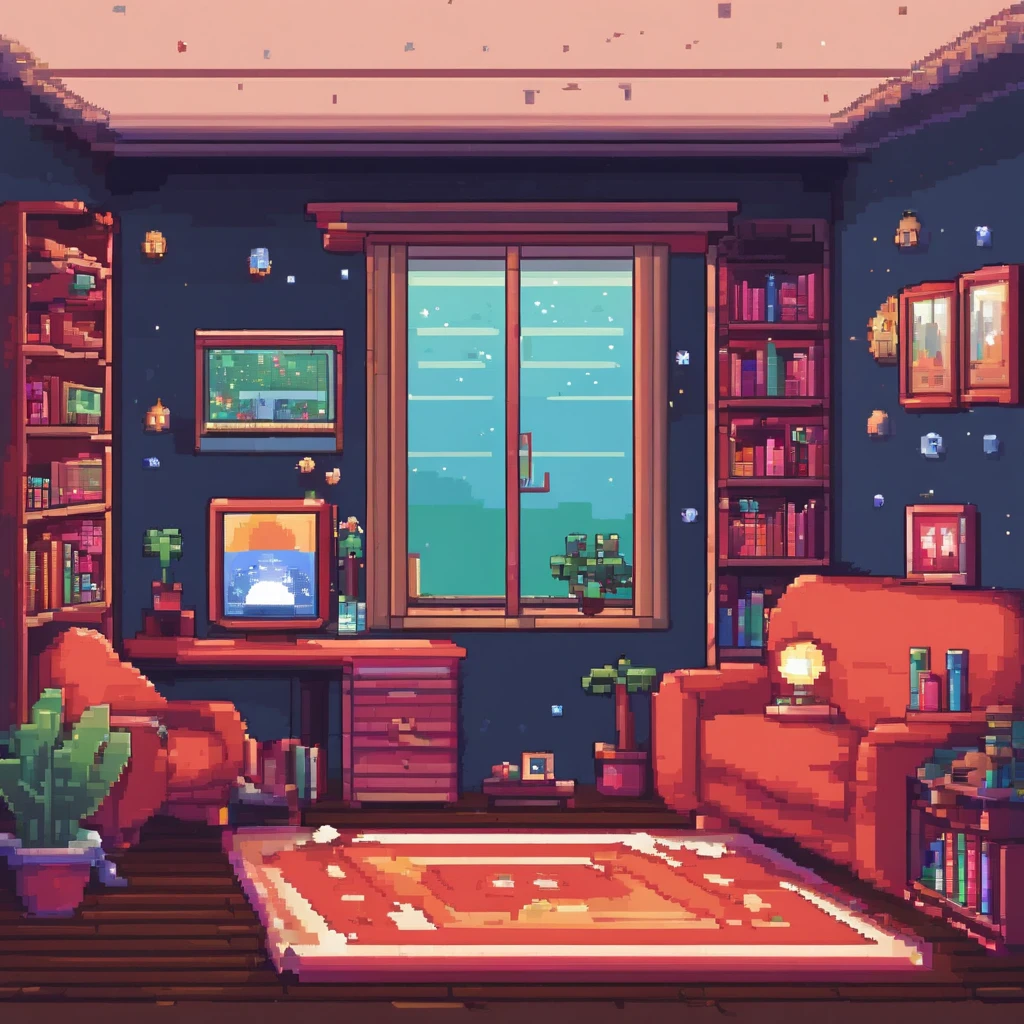 A cute gamer room with lots of decoration, pictures and books and an open window for a night view in a starry sky with no character in the room