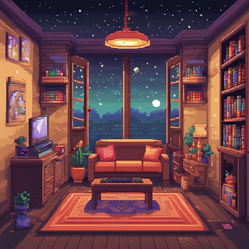 A cute gamer room with lots of decoration, pictures and books and an open window for a night view in a starry sky with no character in the room