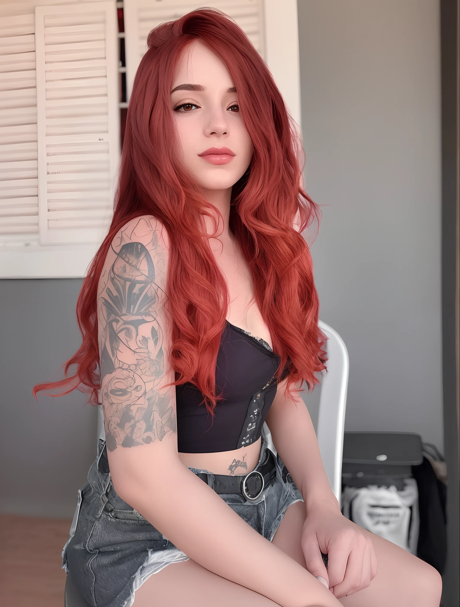 Argada woman with red hair sitting in a chair with a tattoo on her arm, com tatuagens, Coberto, com cabelos ruivos, red hair, cabelos longos vermelhos, cabelos pretos e ruivos, Deusa dos cabelos ruivos, com longos cabelos ruivos, menina do cabelo vermelho, ela tem cabelos ruivos, com cabelos ruivos cacheados, 🤤 retrato da menina, red hair and attractive features