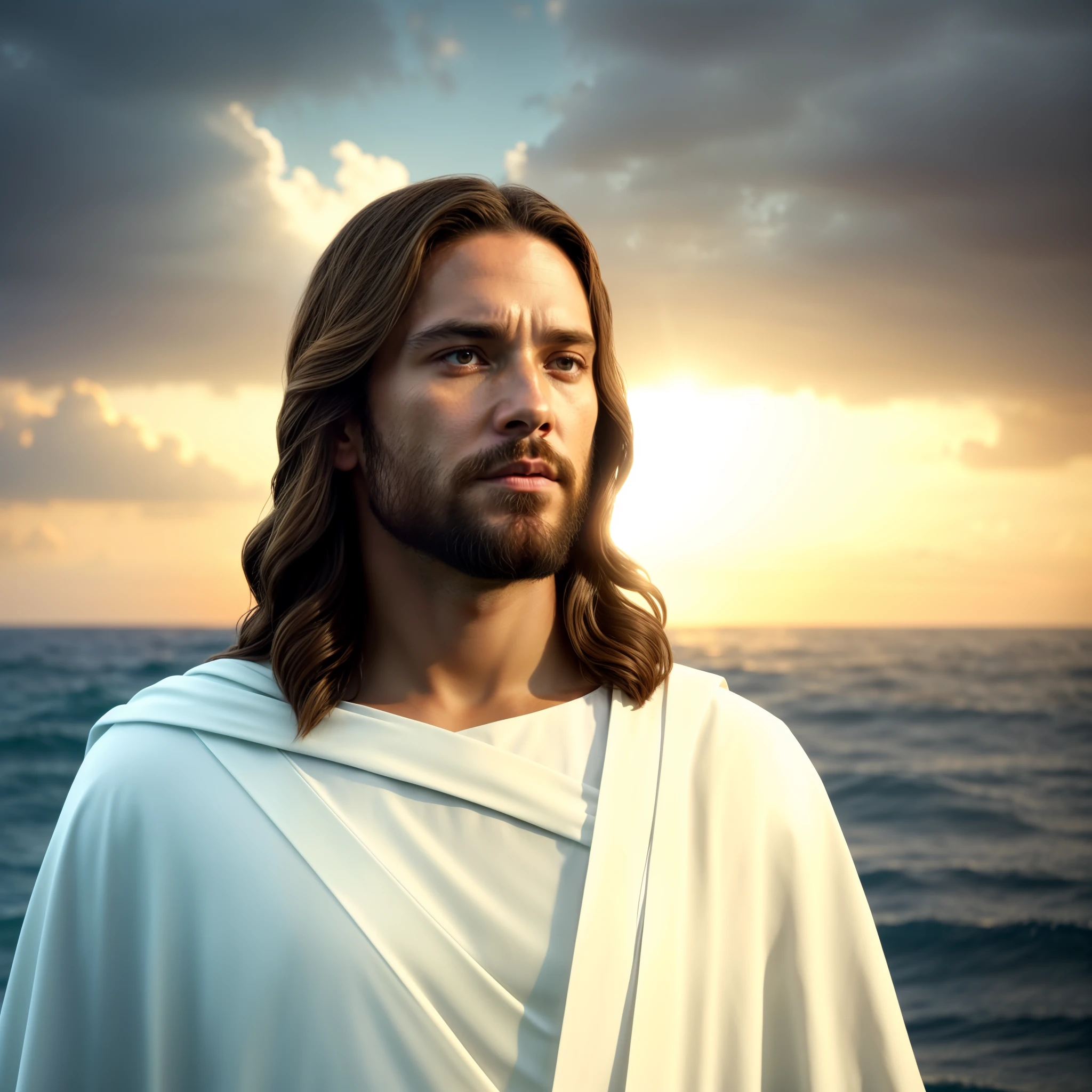 jesus standing in front of the ocean with a sunset behind him, jesus christ, portrait of jesus christ, jesus, greg olsen, jesus face, the lord and savior, dressed like jesus christ, jesus walking on water, jesus christ in mass effect, jesus of nazareth, god looking at me, young almighty god, tron legacy jesus christ, tron legacy jesus