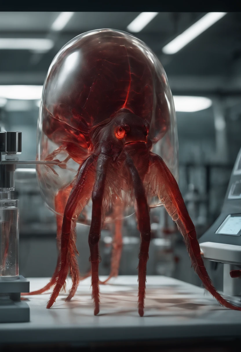 transparent creature with red blood, being observed in a laboratory by scientists,illustration,ultra-detailed,highres,realistic, portraits, vivid colors,studio lighting,sharp focus,physically-based rendering,creature anatomy,scientific research, microscopes, blood samples, laboratory equipment, intense gaze from scientists, scientific fascination, artistic portrayal, scientific exploration, contrasting colors, soft light, gloomy atmosphere, intricate details, detailed textures