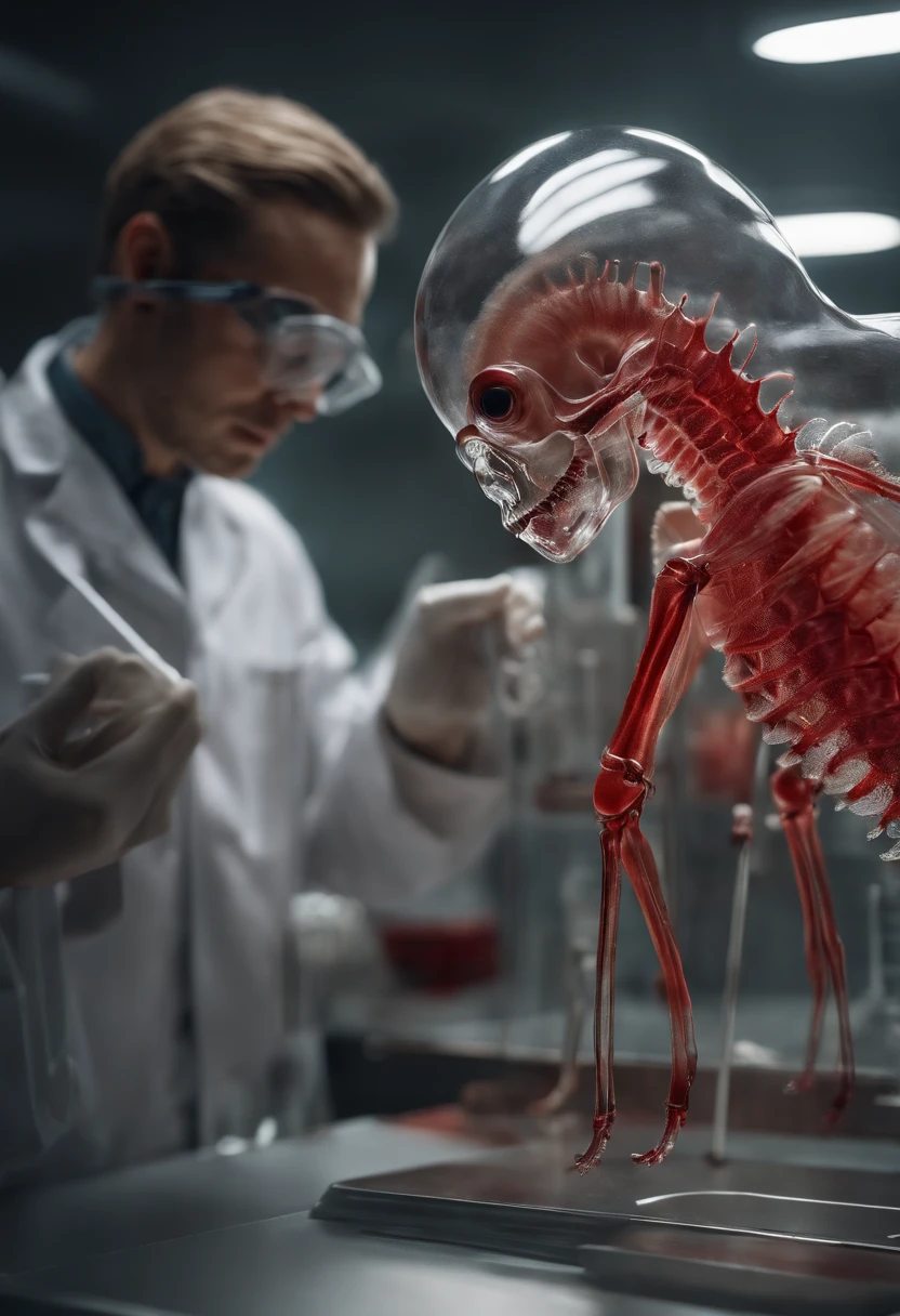 transparent creature with red blood, being observed in a laboratory by scientists,illustration,ultra-detailed,highres,realistic, portraits, vivid colors,studio lighting,sharp focus,physically-based rendering,creature anatomy,scientific research, microscopes, blood samples, laboratory equipment, intense gaze from scientists, scientific fascination, artistic portrayal, scientific exploration, contrasting colors, soft light, gloomy atmosphere, intricate details, detailed textures