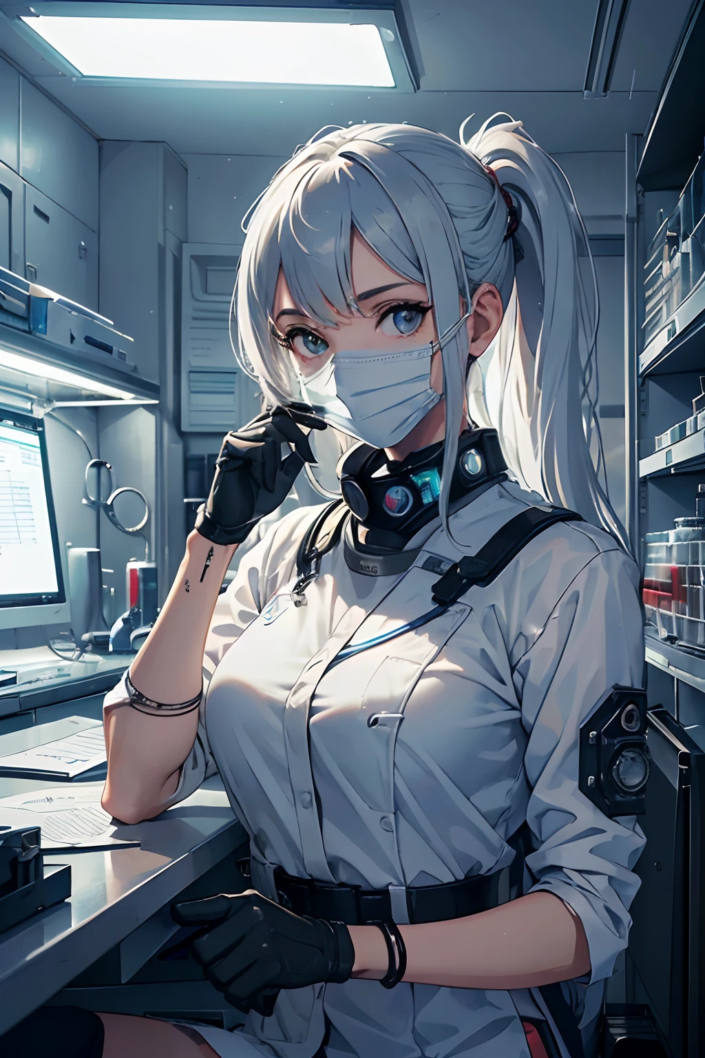 (melhor qualidade,Altas),(Realistic:1.37),(arte conceitual),(Retratos), (Scientists wearing masks in lab),(circunstanciado,Scientific laboratory),(Special Containment Unit),(Advanced Search Center),(foco intenso),(brilhante,clinical lighting),(tanques de vidro),(scientific instruments),(Biochemical analysis),(Experiences),(expondo propriedades do metamaterial),(impacto visual surpreendente),(assombrosamente bela),(ethereal atmosphere),(brilho sutil),(submerso em fluido),(Sobrenatural,Sobrenatural:1.1),(Enigmatic,intrigante:1.2),(elegante,movimentos graciosos),(cientistas curiosos),(meticulous documentation),(cativante,unpredictable),(Descobrindo o desconhecido),(infinitas possibilidades),(curiosidade intensa),(White) Cyberpunk style