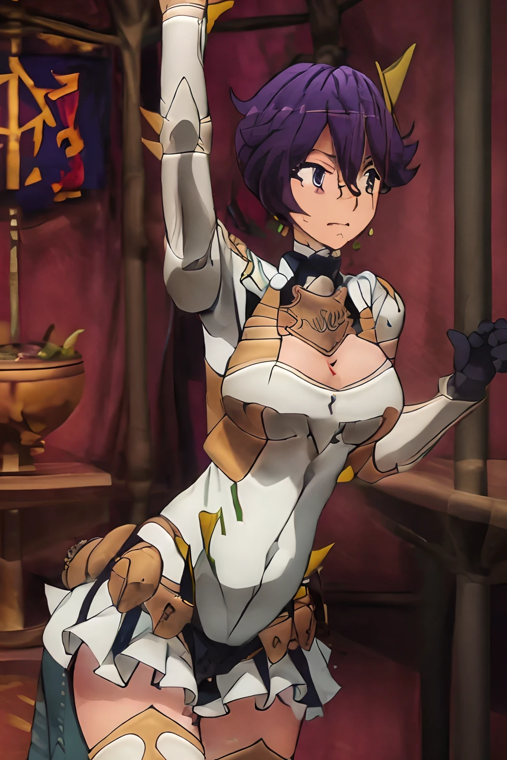 (masutepiece, High quality, hight resolution,))（１Woman of Man)Beefeater E Catty (Vifita e Kati
 Beefeater, armor, cleavage cutout, cleavage,   ((Cowboy Shot:1.2))（（（She was attacked by impregnated monsters)))（fertilize))（（The impregnated monster is a Minotaur)))minotaur「Impregnate、Human Woman、Mother's body」Minotaur's sharpened girlfriend、{{Becoming a mother of a Minotaur child}}She becomes pregnant、conceive、Mothers are becoming more common、Become motherhood {After she was raped by the Minotaur、Becoming a mother}（bulging udder））（Enlargement of the uterus））（（The buttocks also become maternal））She is forced to be a mother、Raped