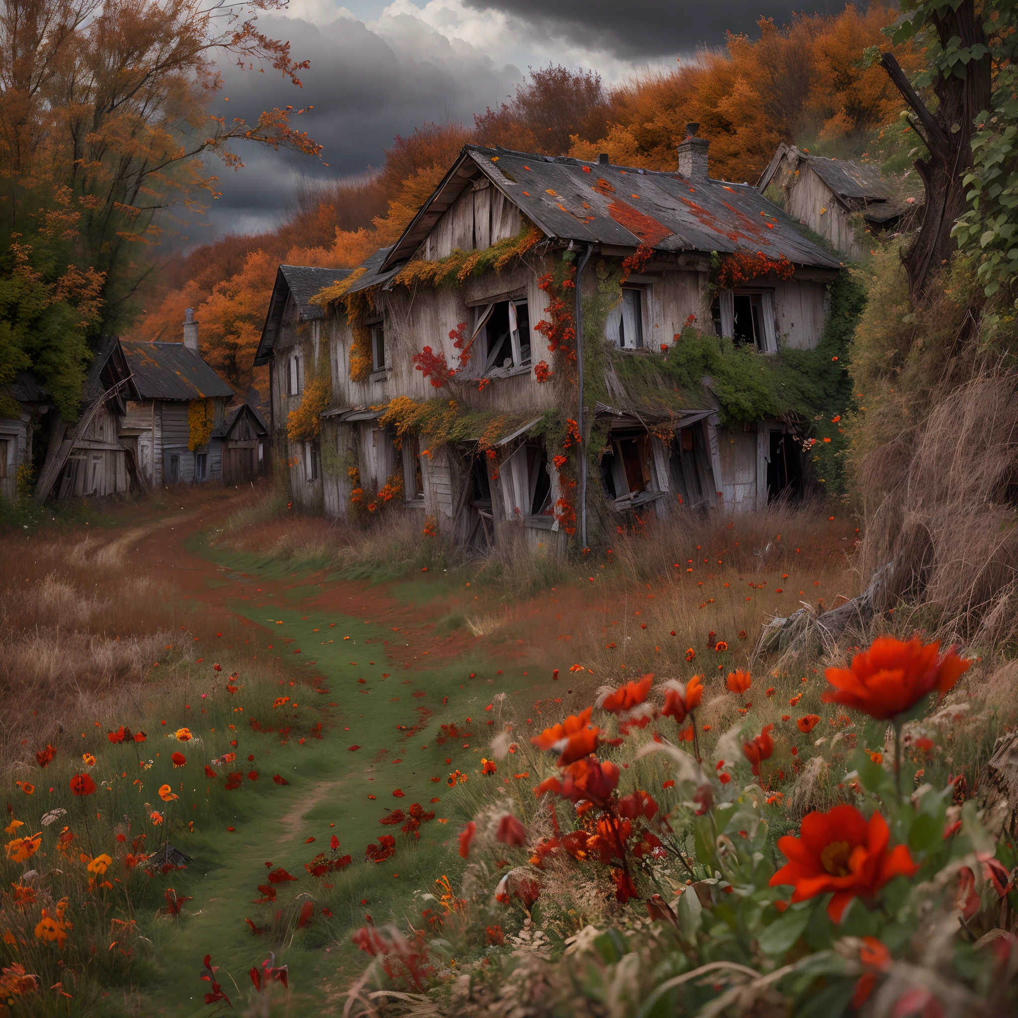 Rotten Village, The Dead Village, A ruined village, Chaos in the countryside, Longing and pain, Despair and grief. Emptiness awakened in the village. Emptiness sets in and the world dies. Autumn will be eternal. Emptiness is inevitable. There is no future for this world. Red as blood flowers on withered grass