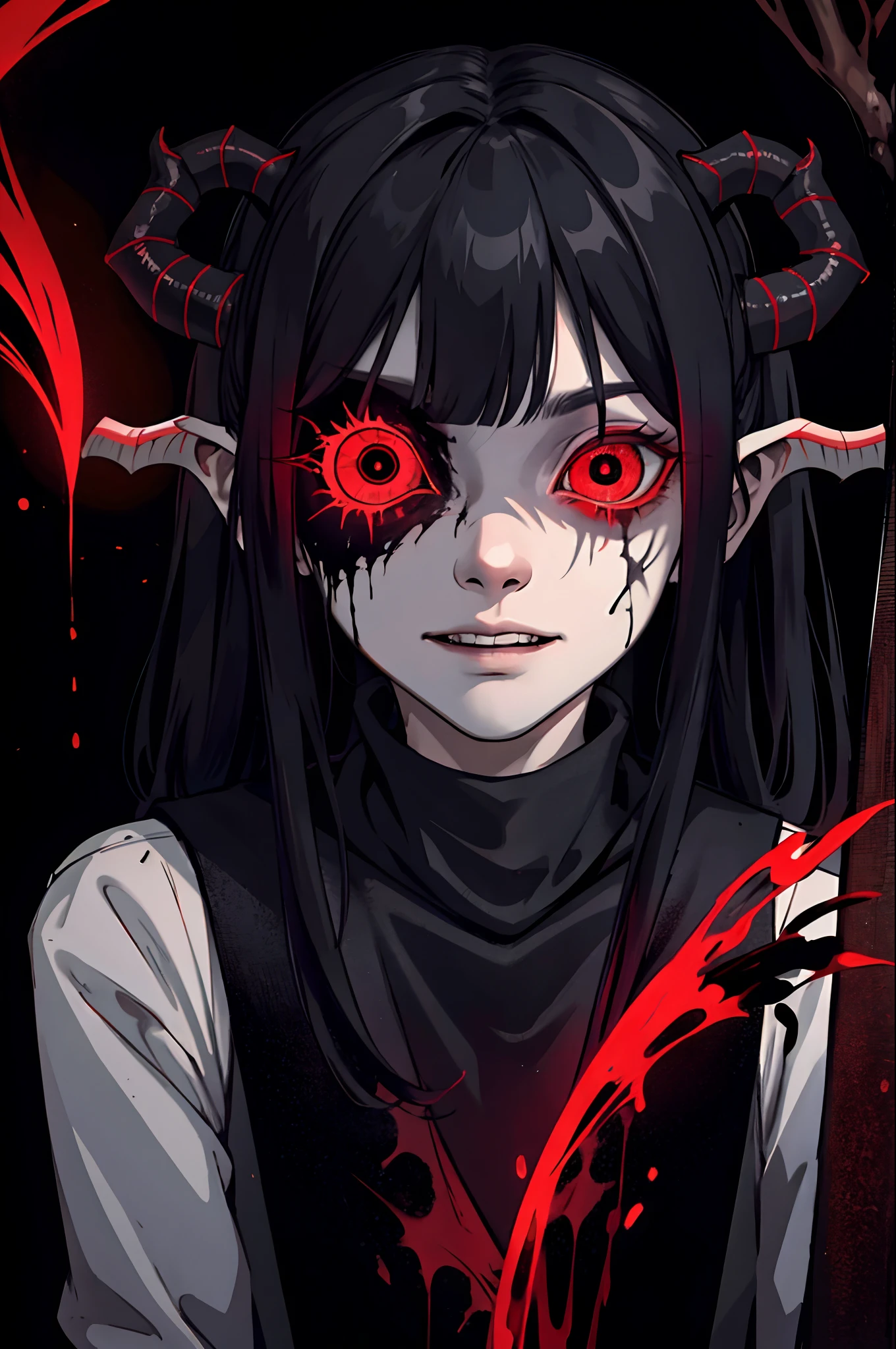 1girl, (solo), dark forest, autumn, from above, floating, forest spirit, (monster:1.1), happy, feral, bloody frenzy, glowing eyes:0.7, thorns, monster face, claws, very long hair, fangs, evil face, (fairy:1.3), (nightmare fairy wings), fiend, shadow creature, Style_SM, horrid dirty hairs, fearsome clothes, horror, unholy, terrifying atmosphere, (masterpiece), (hyper detailed), (intricate detail), [high contrast], 4k, dark colors, dynamic, best quality, absurdres, <lora:StyleSwamp:0.8>,